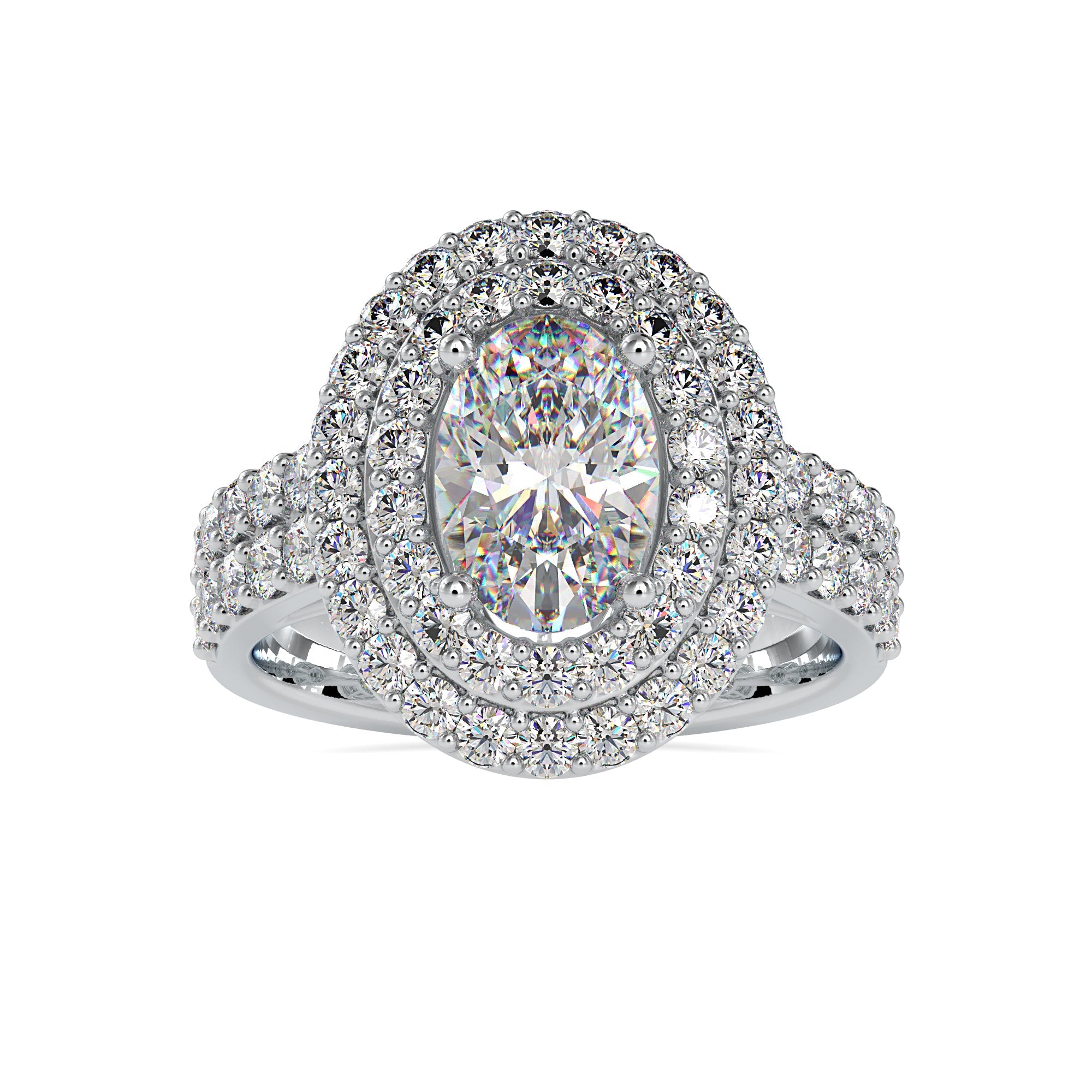 70-Pointer Oval Cut Solitaire Diamond Halo Split Shank Platinum Ring JL PT 0036-B   Jewelove.US