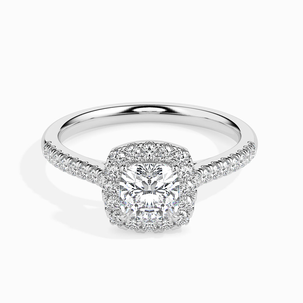 50-Pointer Cushion Cut Solitaire Halo Diamond Shank Platinum Engagement Ring JL PT 19033-A   Jewelove.US