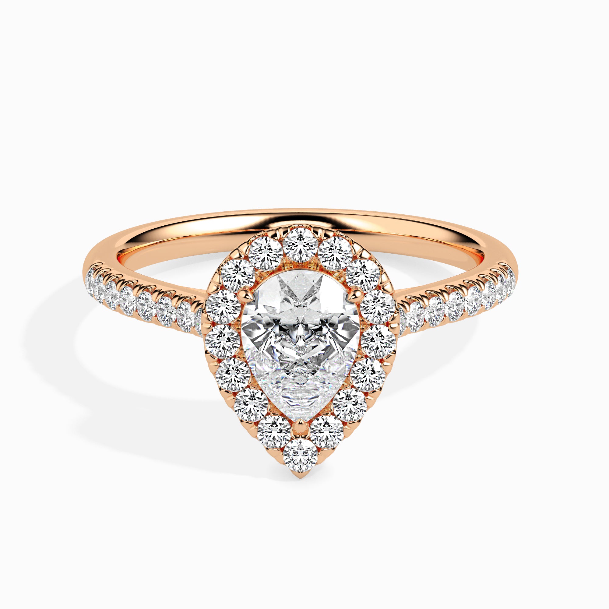 30-Pointer Pear Cut Solitaire Halo Diamond Shank 18K Rose Gold Ring JL AU 19040R   Jewelove.US