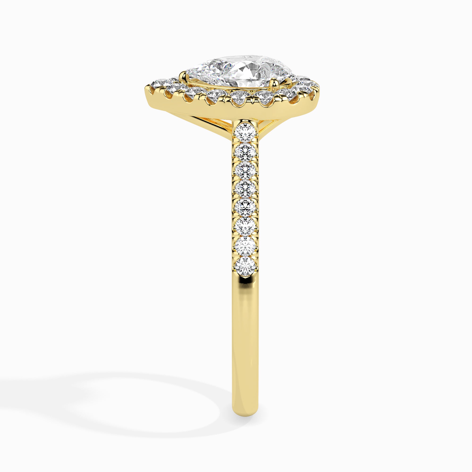 70-Pointer Pear Cut Solitaire Halo Diamond Shank 18K Yellow Gold Ring JL AU 19040Y-B   Jewelove.US