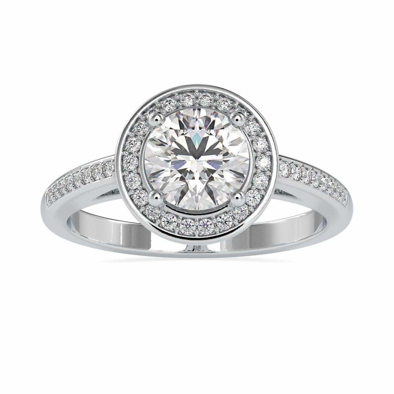 30-Pointer Solitaire Single Halo Diamond Shank Platinum Engagement Ring JL PT 0071-B