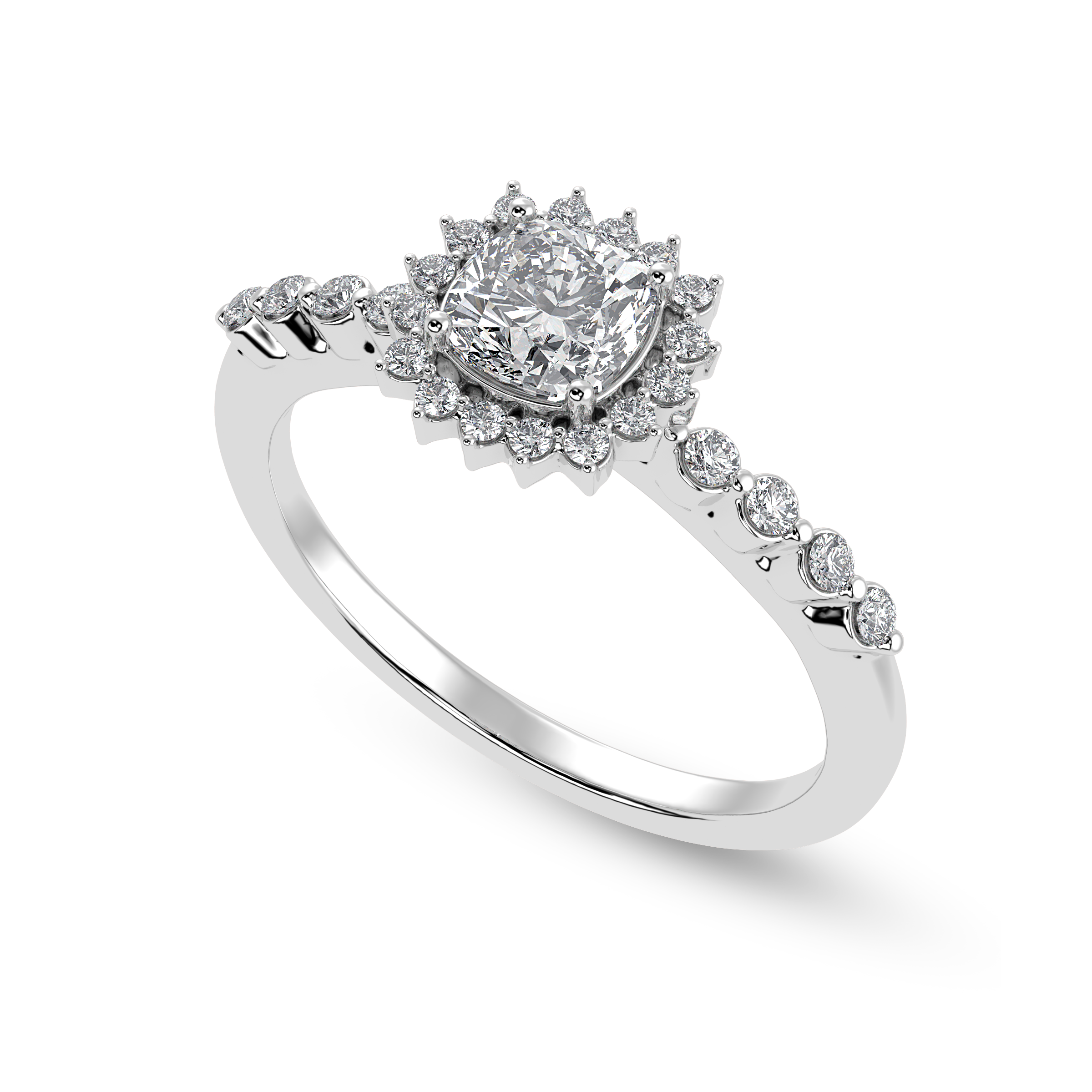 30-Pointer Cushion Cut Solitaire Halo Diamond Shank Platinum Ring JL PT 1249   Jewelove.US