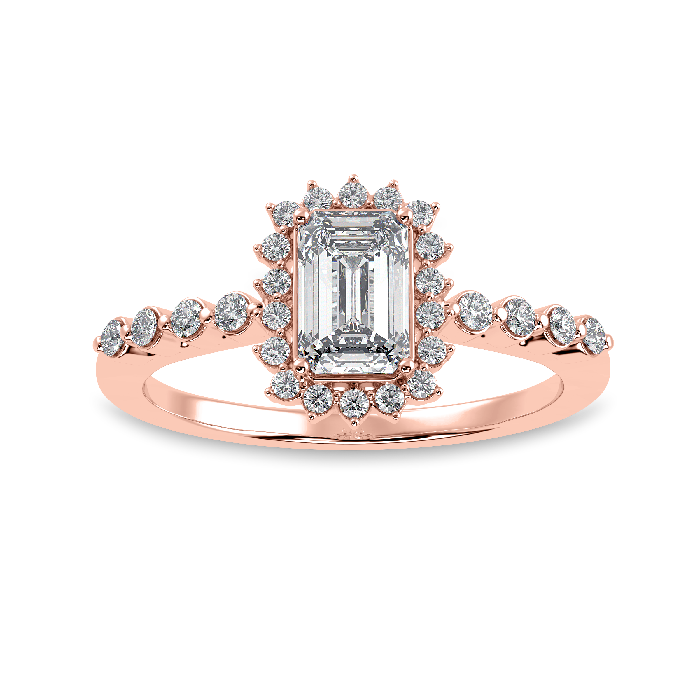 30-Pointer Emerald Cut Solitaire Halo Diamond Shank 18K Rose Gold Solitaire Ring JL AU 1250R   Jewelove.US