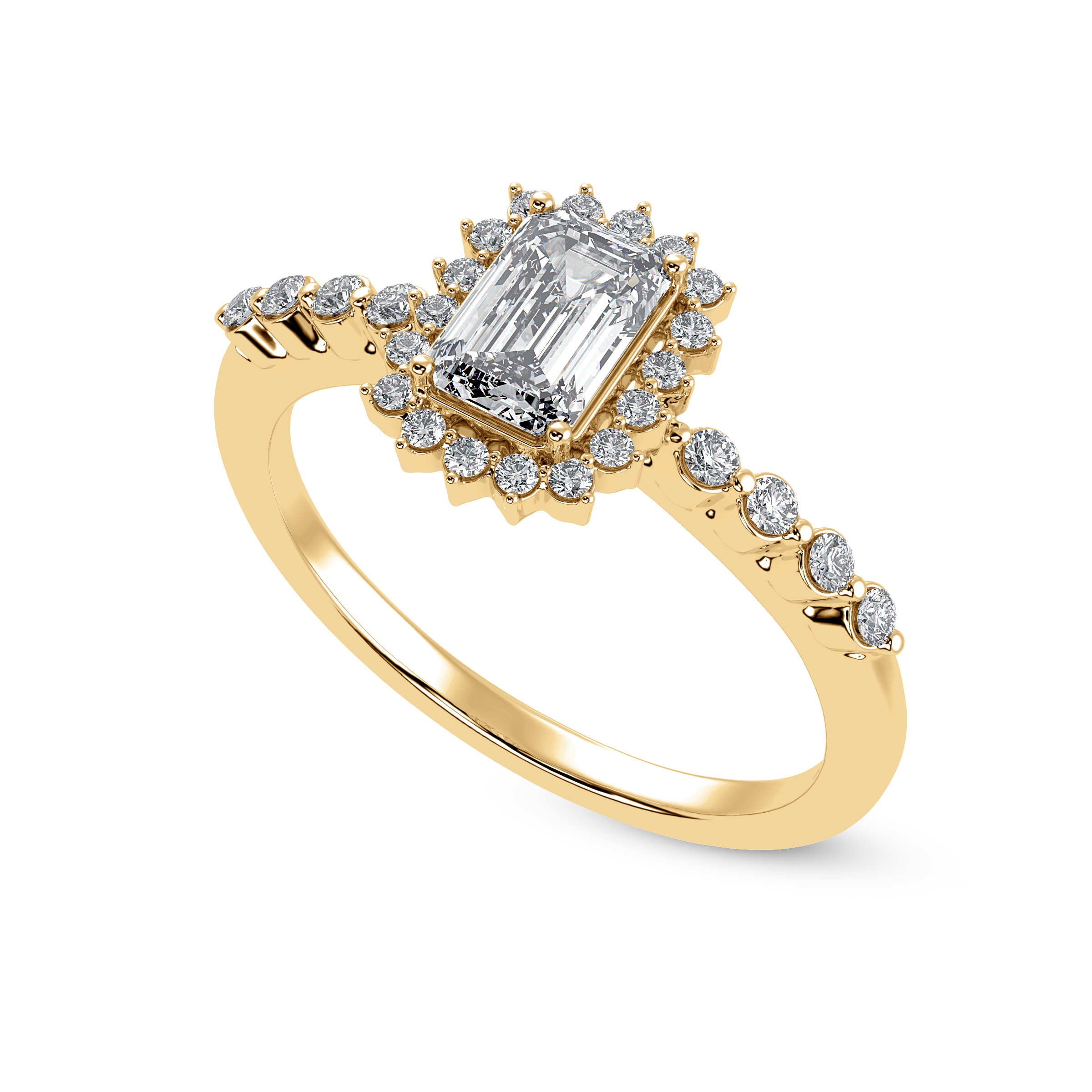 30-Pointer Emerald Cut Solitaire Halo Diamond Shank 18K Yellow Gold Ring JL AU 1250Y   Jewelove.US