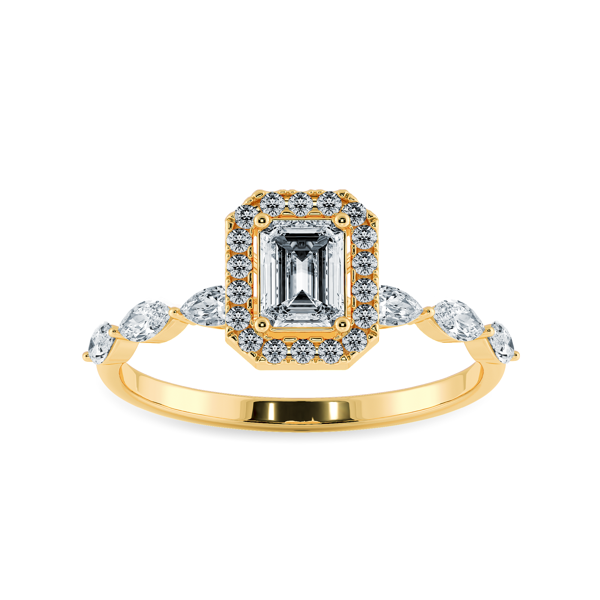 50-Pointer Emerald Cut Solitaire Halo Diamonds with Marquise Cut Diamonds Accents 18K Yellow Gold Ring JL AU 1272Y-A   Jewelove.US