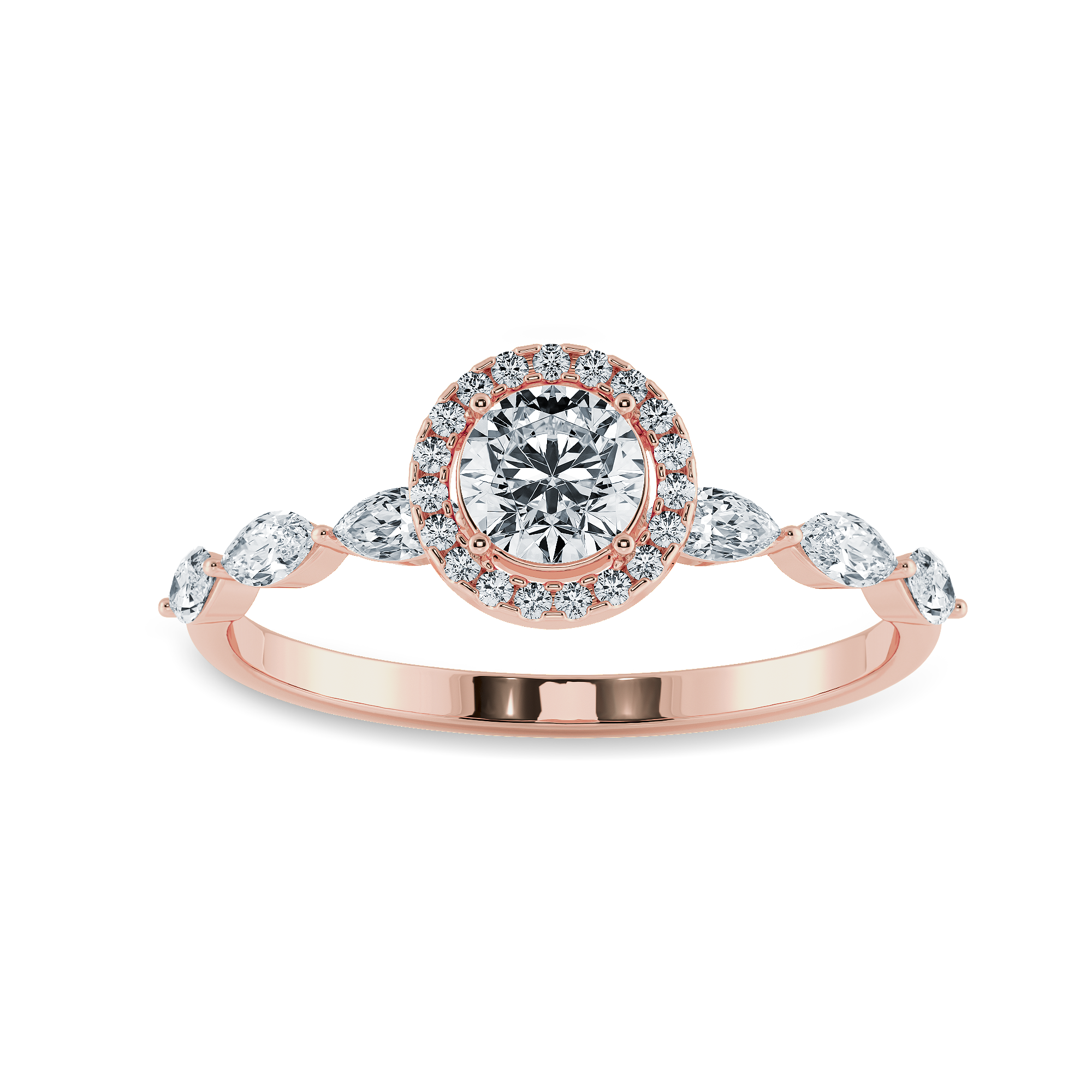 30-Pointer Solitaire Halo Diamond with Marquise Cut Diamond Accents 18K Rose Gold Ring JL AU 1278R   Jewelove.US