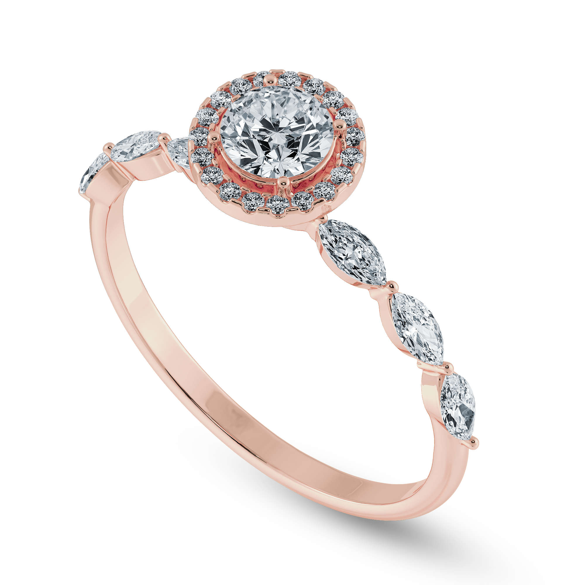 30-Pointer Solitaire Halo Diamond with Marquise Cut Diamond Accents 18K Rose Gold Ring JL AU 1278R   Jewelove.US