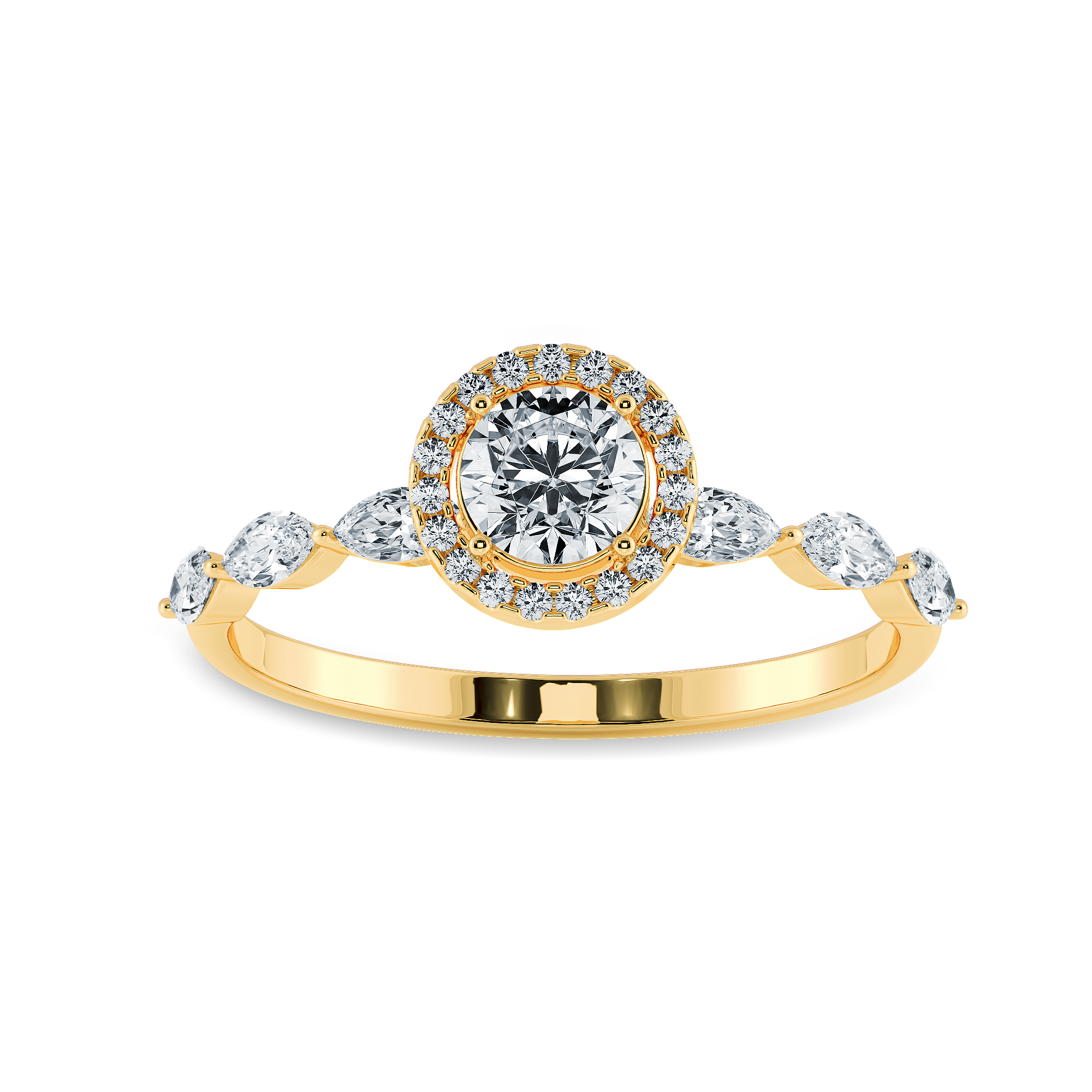 70-Pointer Solitaire Halo Diamond with Marquise Cut Diamond Accents 18K Yellow Gold Ring JL AU 1278Y-B   Jewelove.US