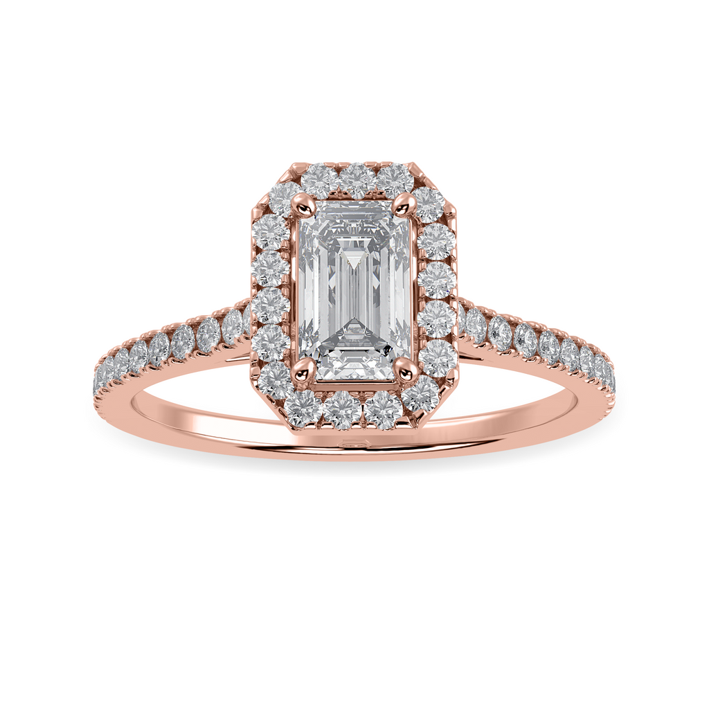 30-Pointer Emerald Cut Solitaire Halo Diamond Shank 18K Rose Gold Solitaire Ring JL AU 1288R   Jewelove.US