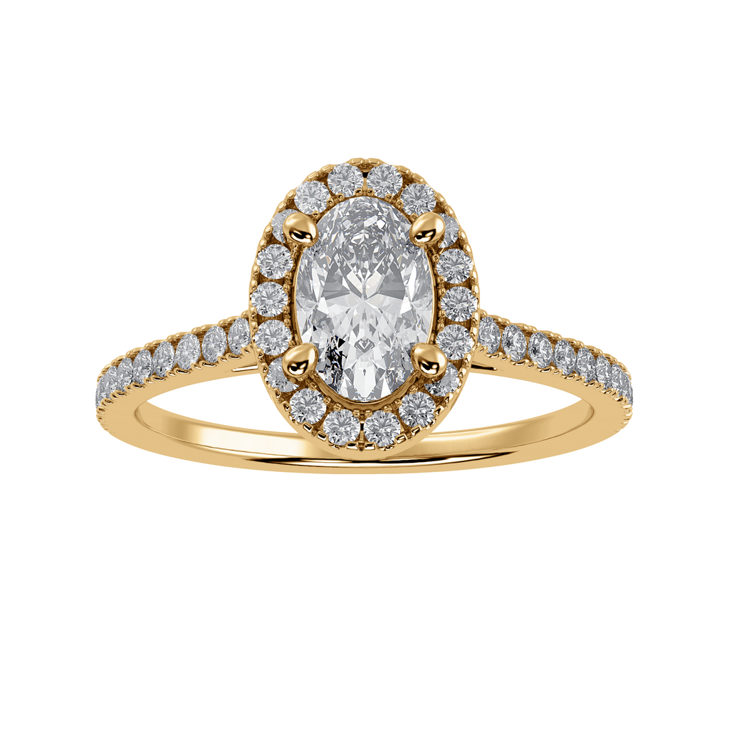 30-Pointer Oval Cut Solitaire Halo Diamond Shank 18K Yellow Gold Ring JL AU 1291Y   Jewelove.US