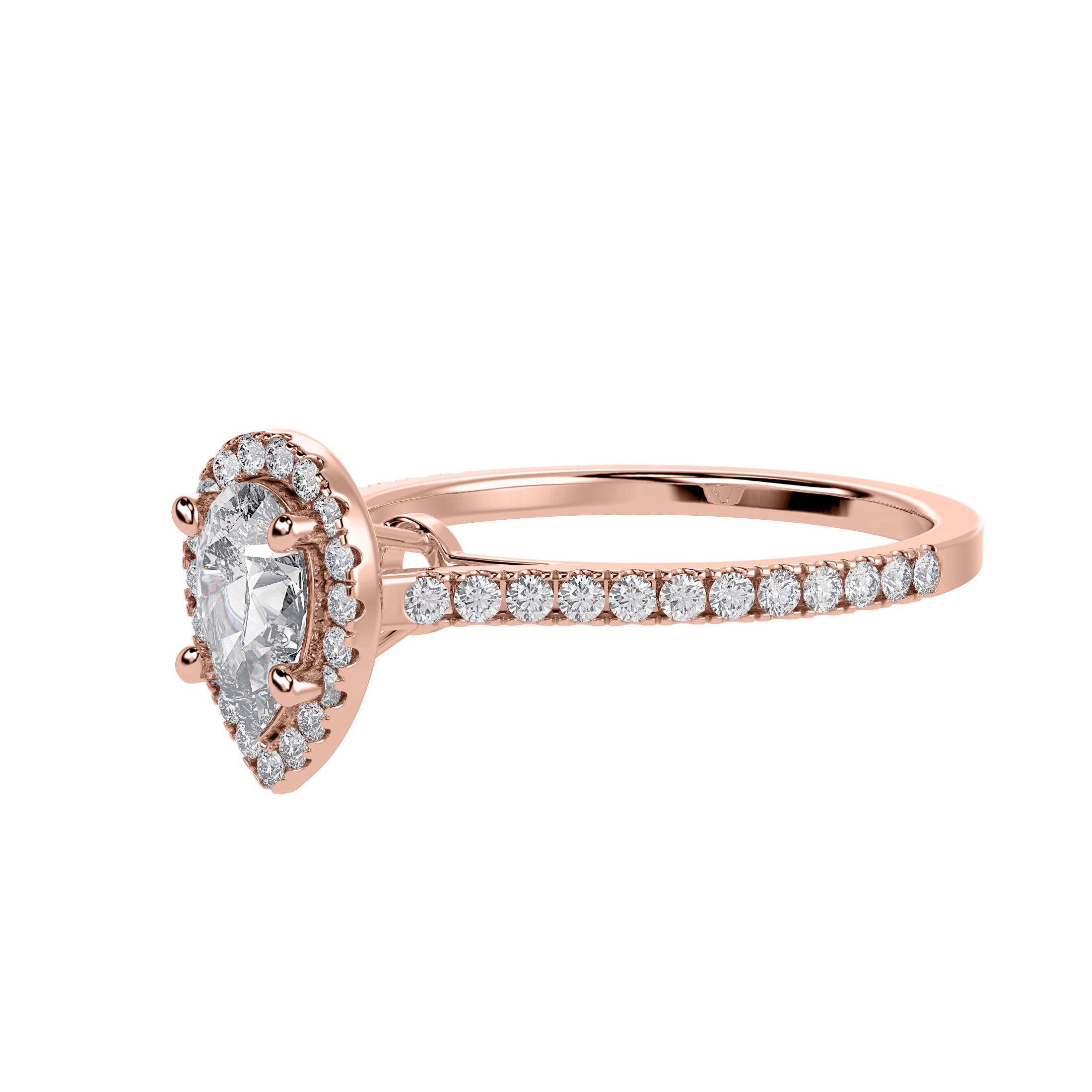 30-Pointer Pear Cut Solitaire Halo Diamond Shank 18K Rose Gold Ring JL AU 1292R   Jewelove.US