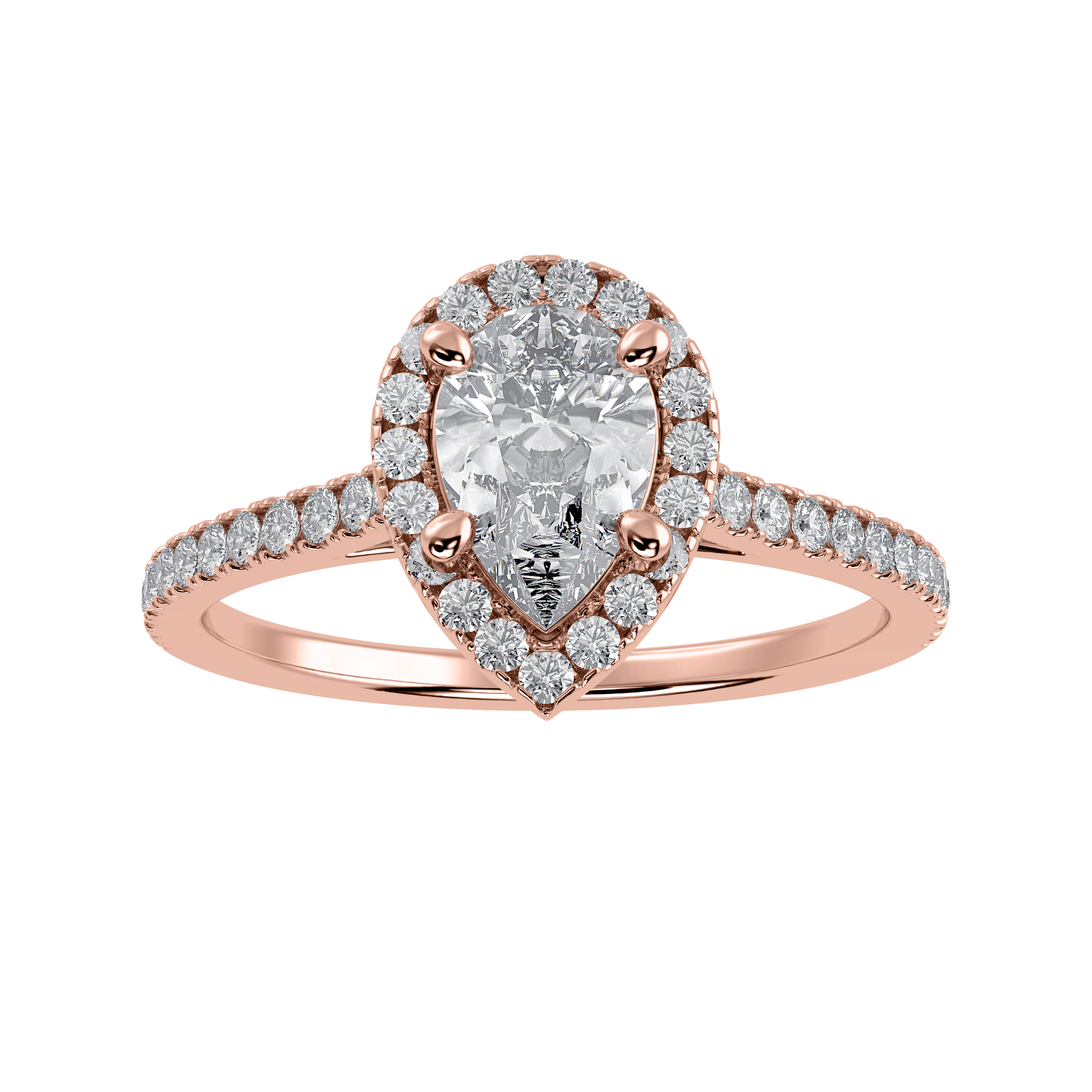 50-Pointer Pear Cut Solitaire Halo Diamond Shank 18K Rose Gold Ring JL AU 1292R-A   Jewelove.US