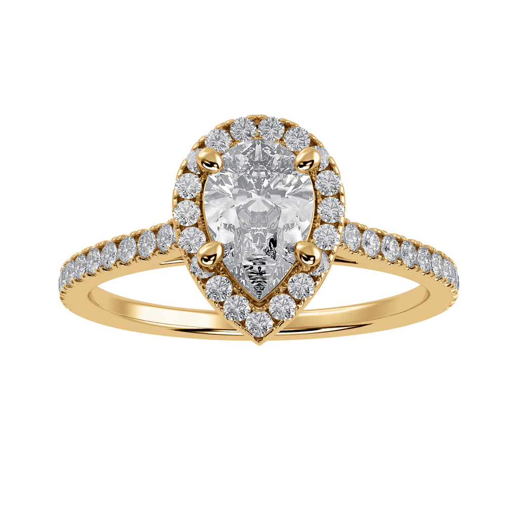 30-Pointer Pear Cut Solitaire Halo Diamond Shank 18K Yellow Gold Ring JL AU 1292Y   Jewelove.US