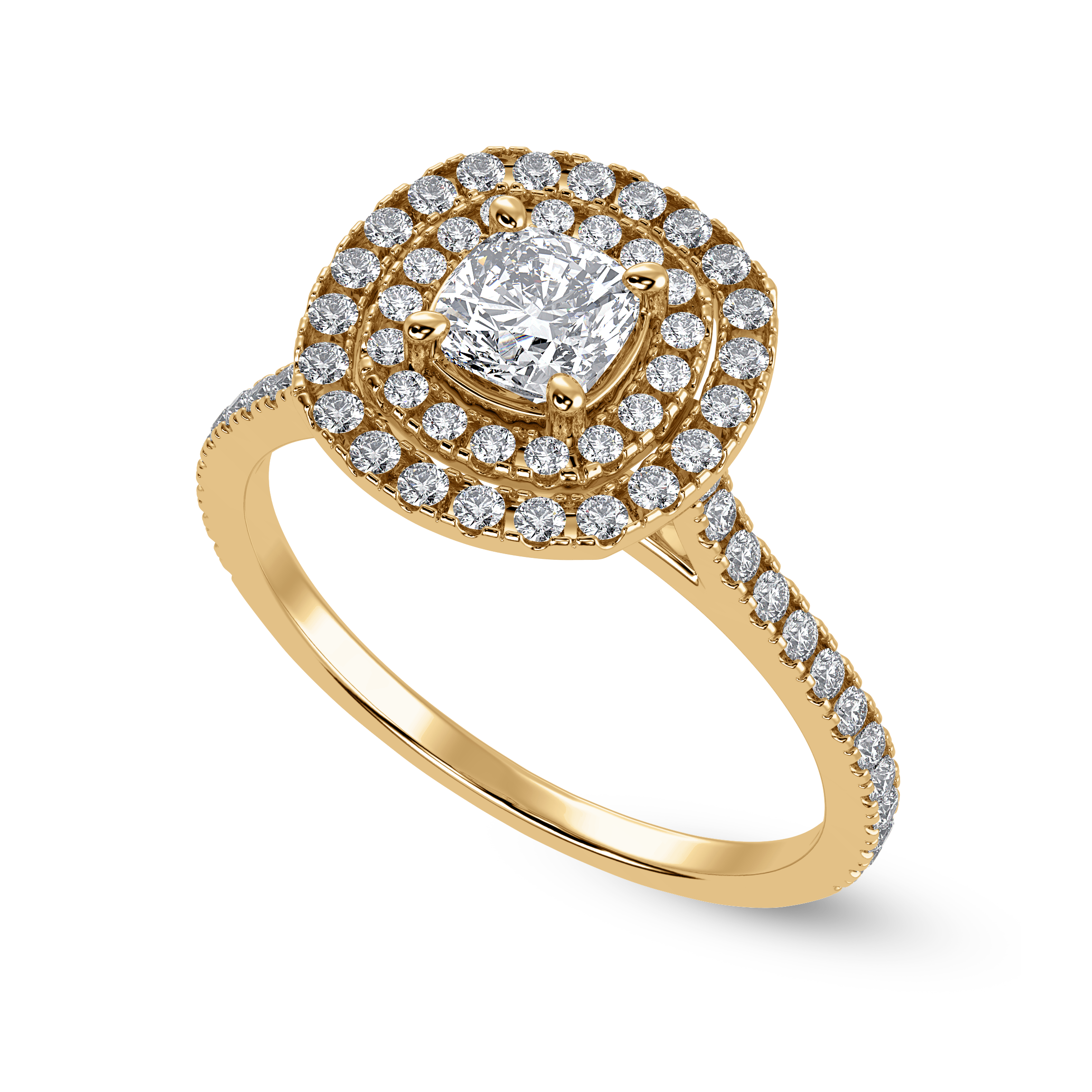 30-Pointer Cushion Cut Solitaire Halo Double Diamond Shank 18K Yellow Gold Ring JL AU 1295Y   Jewelove.US