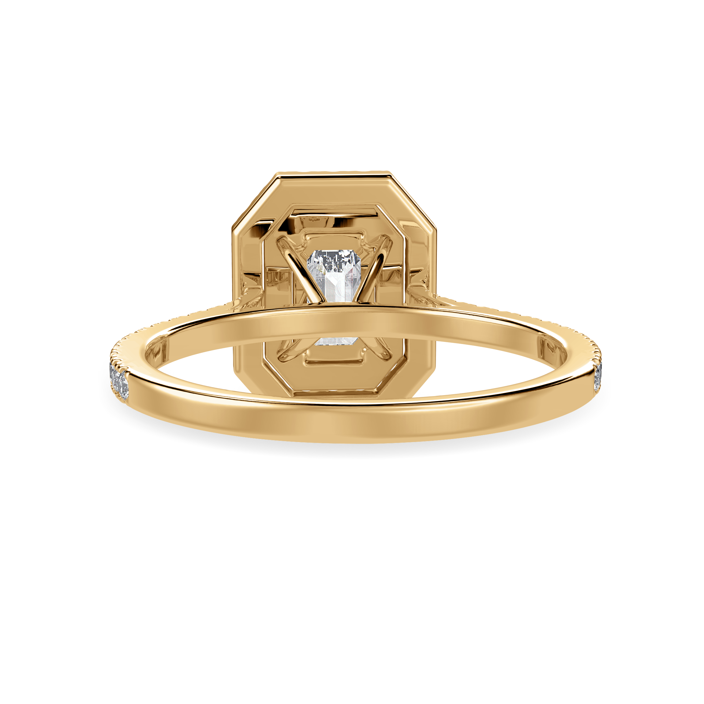 50-Pointer Emerald Cut Solitaire Double Halo Diamond Shank 18K Yellow Gold Ring JL AU 1296Y-A   Jewelove.US