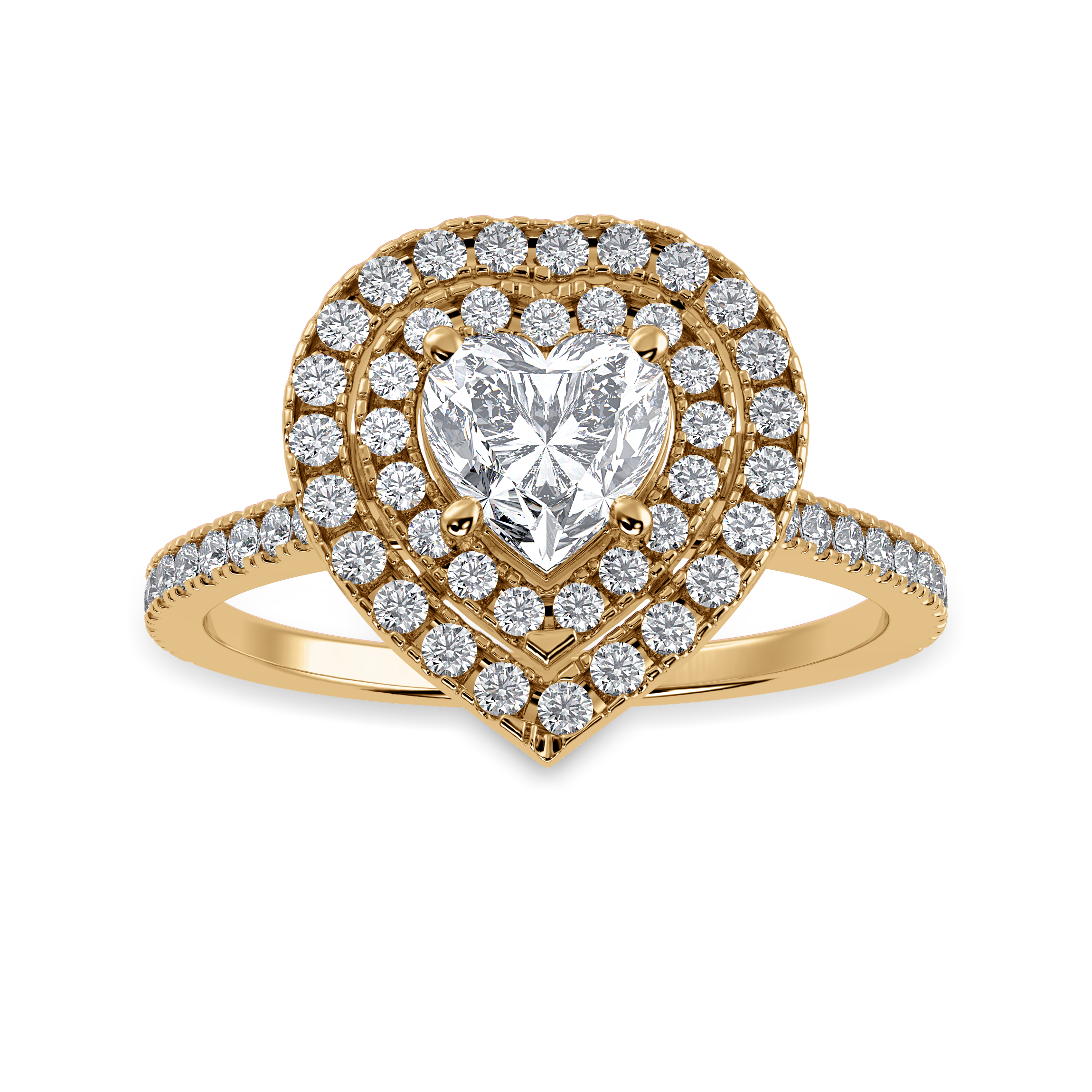 30-Pointer Heart Cut Solitaire Double Halo Diamond Shank 18K Yellow Gold Ring JL AU 1297Y   Jewelove.US