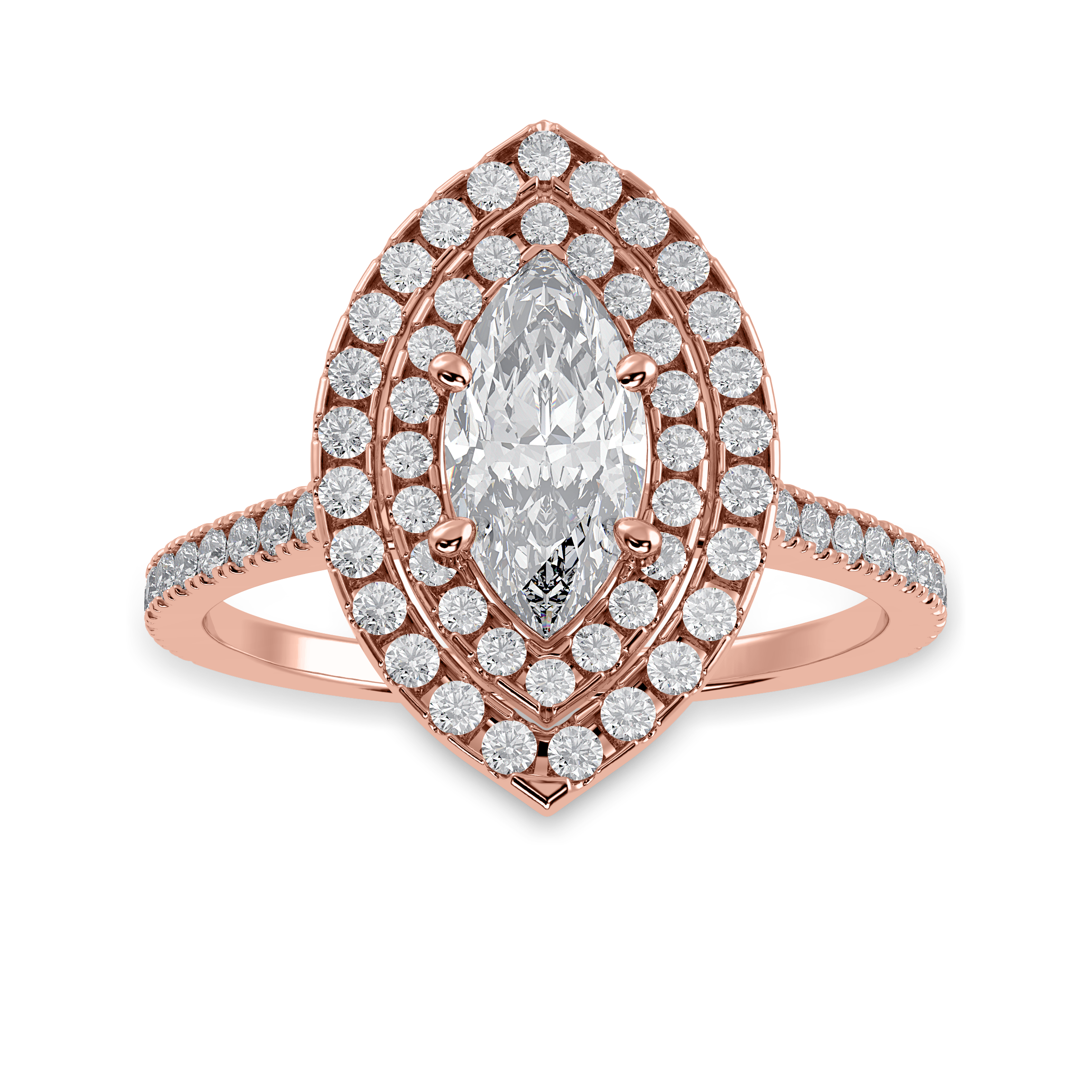 30-Pointer Marquise Cut Solitaire Double Halo Diamond Shank 18K Rose Gold Ring JL AU 1298R   Jewelove.US