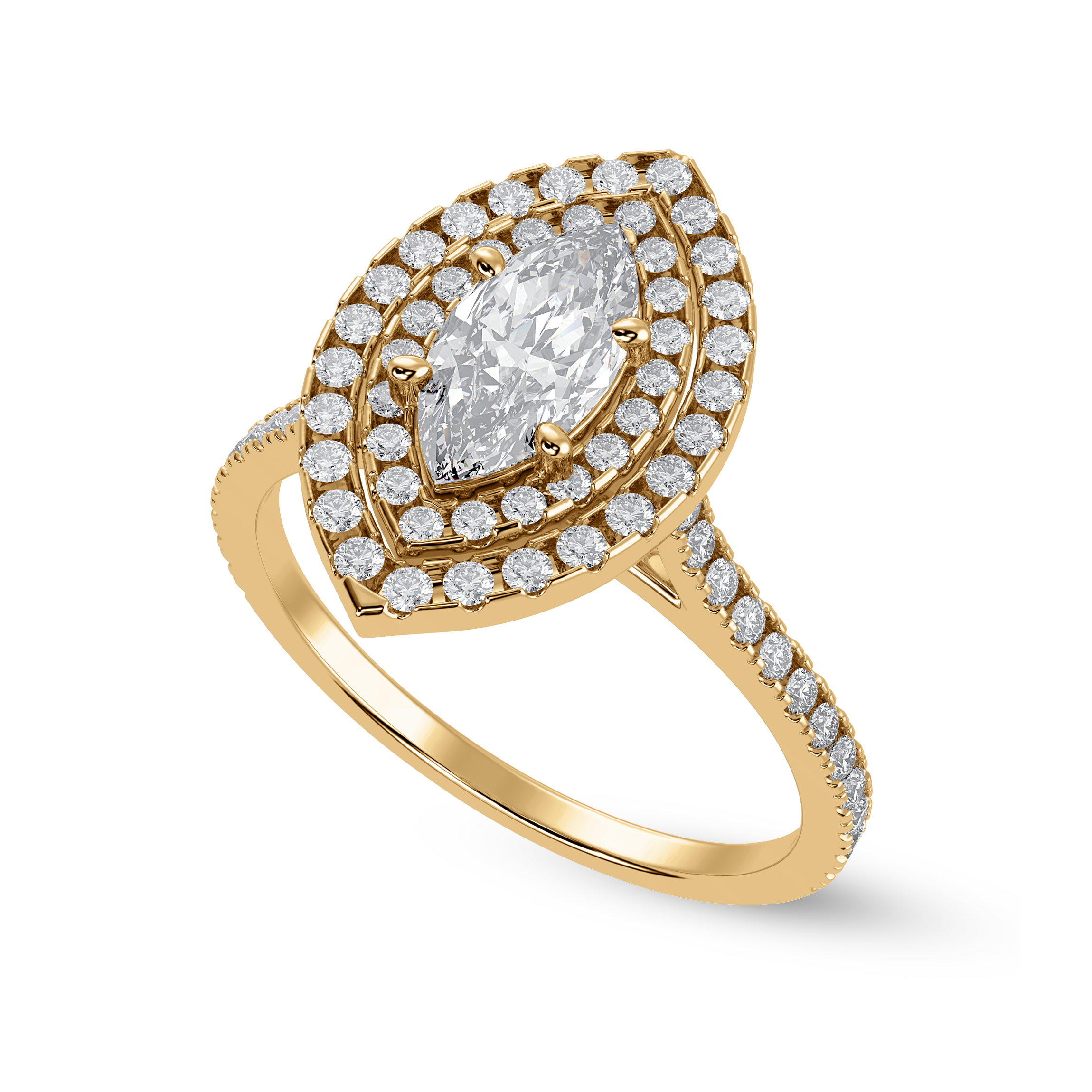 30-Pointer Marquise Cut Solitaire Double Halo Diamond Shank 18K Yellow Gold Ring JL AU 1298Y   Jewelove.US