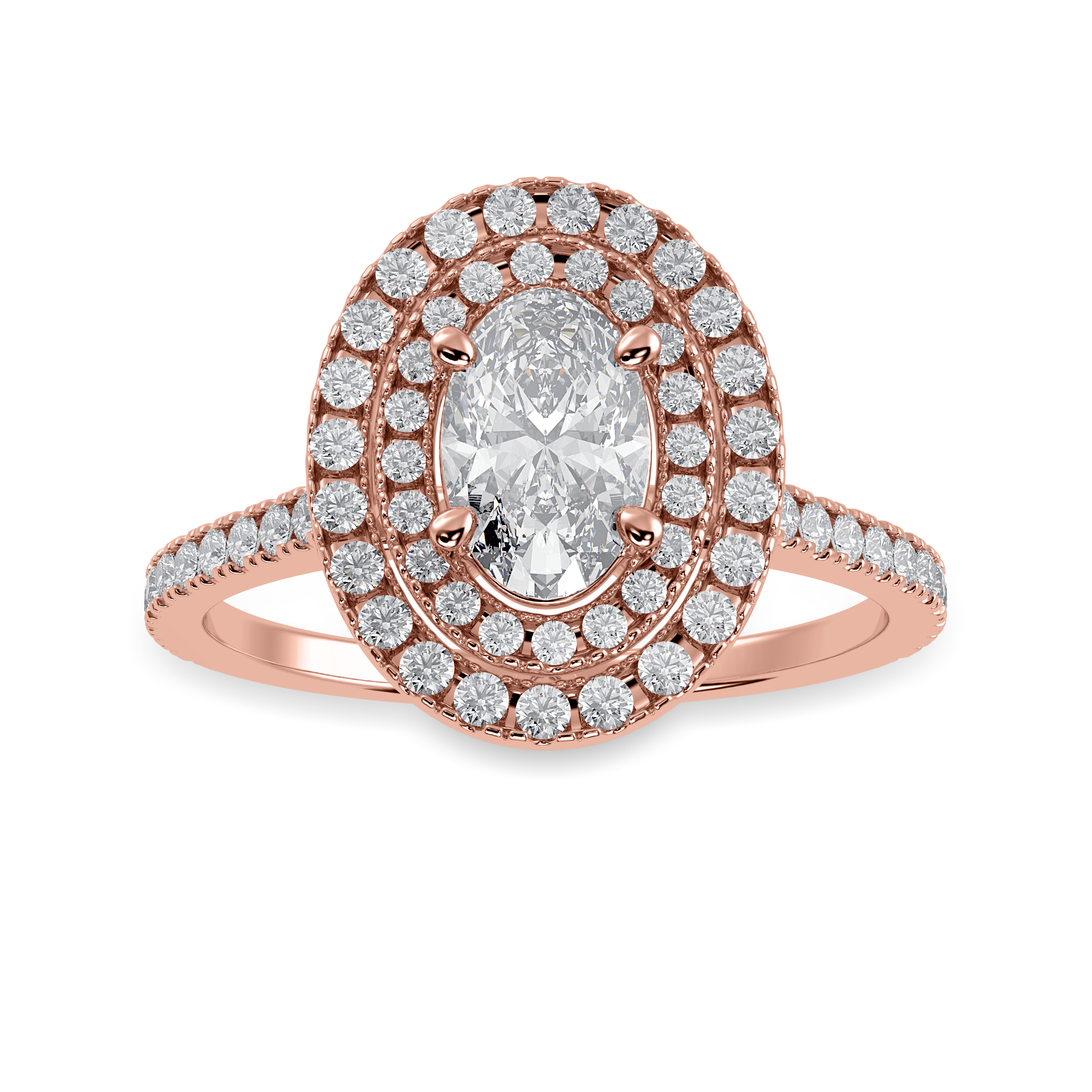 30-Pointer Oval Cut Solitaire Double Halo Diamond Shank 18K Rose Gold Ring JL AU 1299R   Jewelove.US