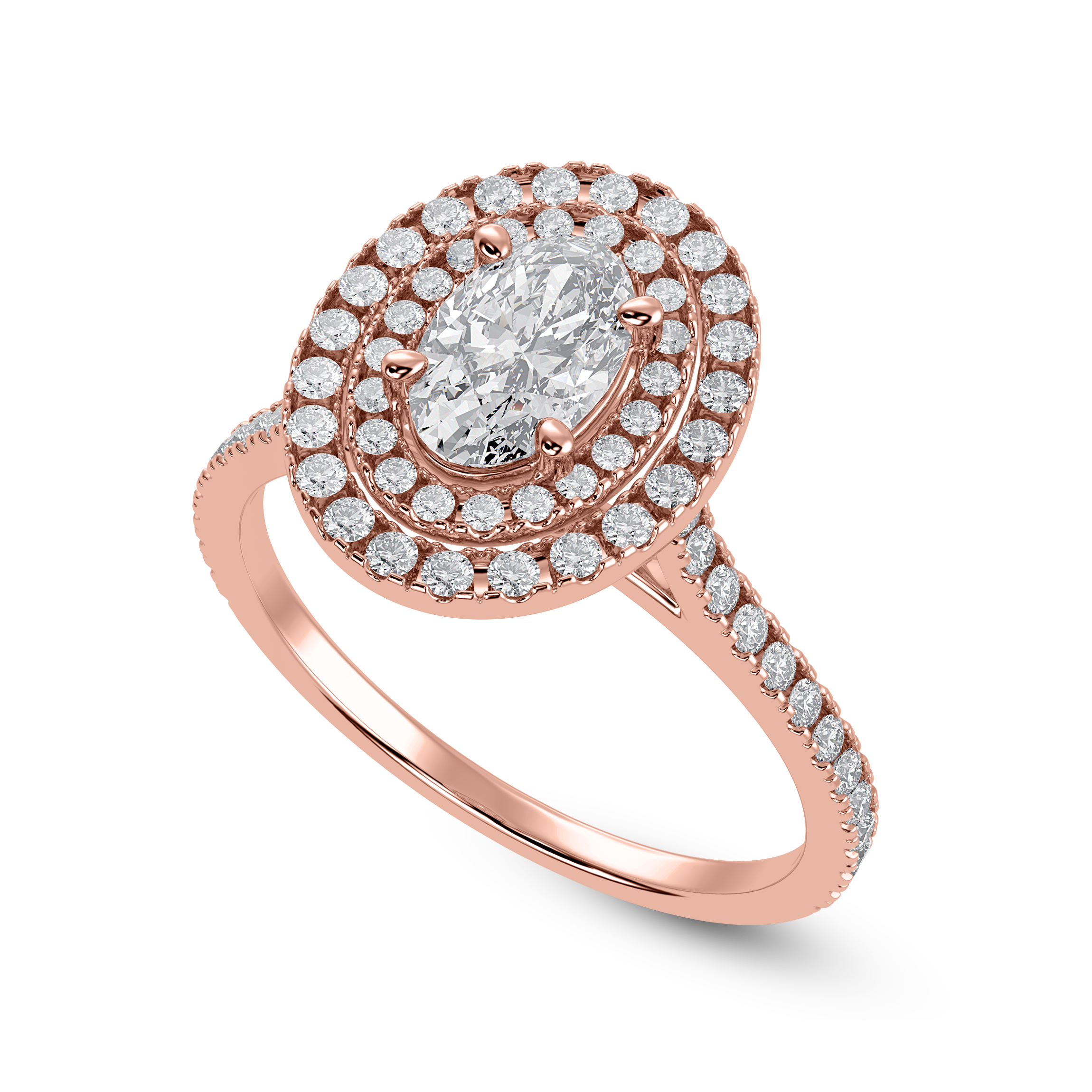 30-Pointer Oval Cut Solitaire Double Halo Diamond Shank 18K Rose Gold Ring JL AU 1299R   Jewelove.US