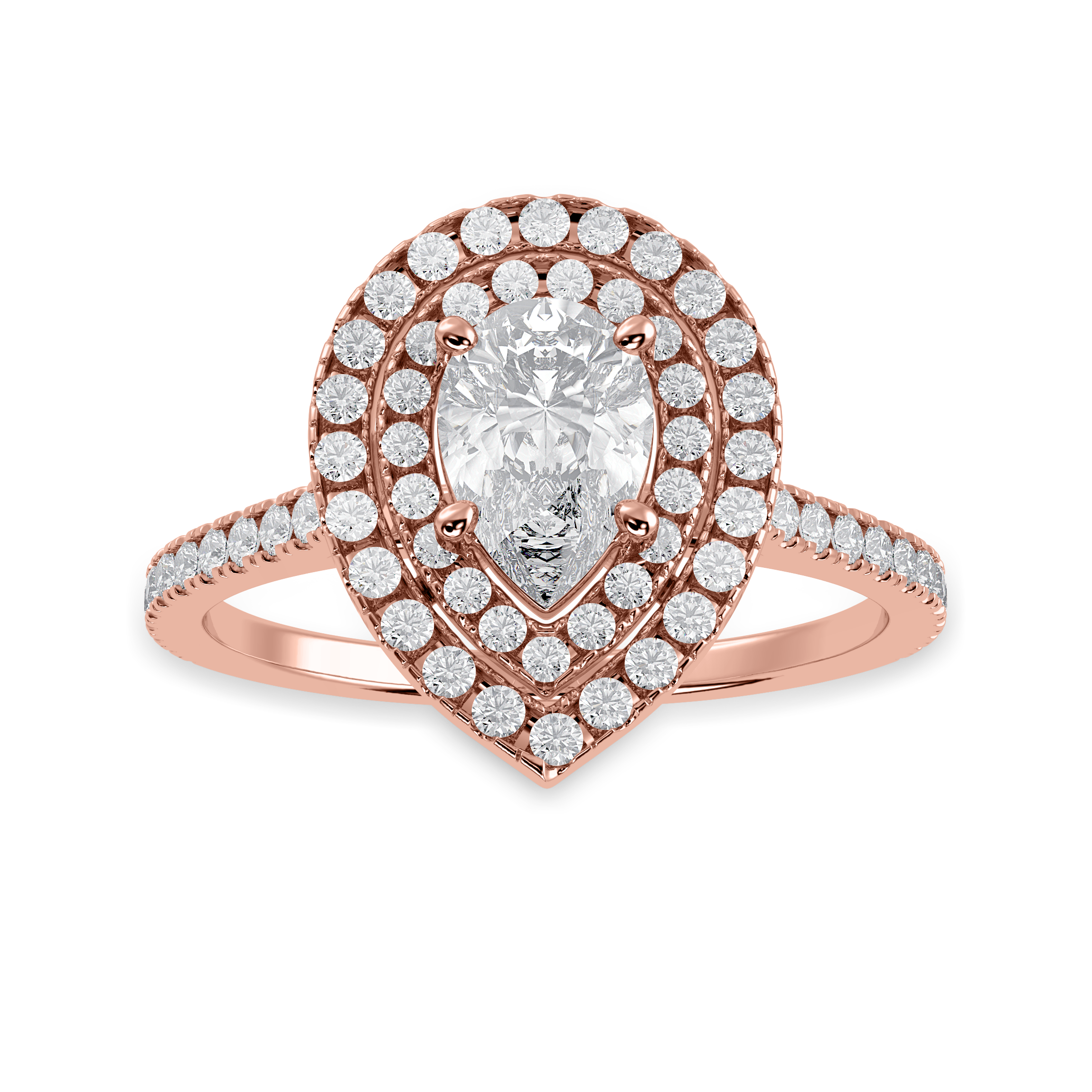 30-Pointer Pear Cut Solitaire Double Halo Diamond Shank 18K Rose Gold Ring JL AU 1300R   Jewelove.US