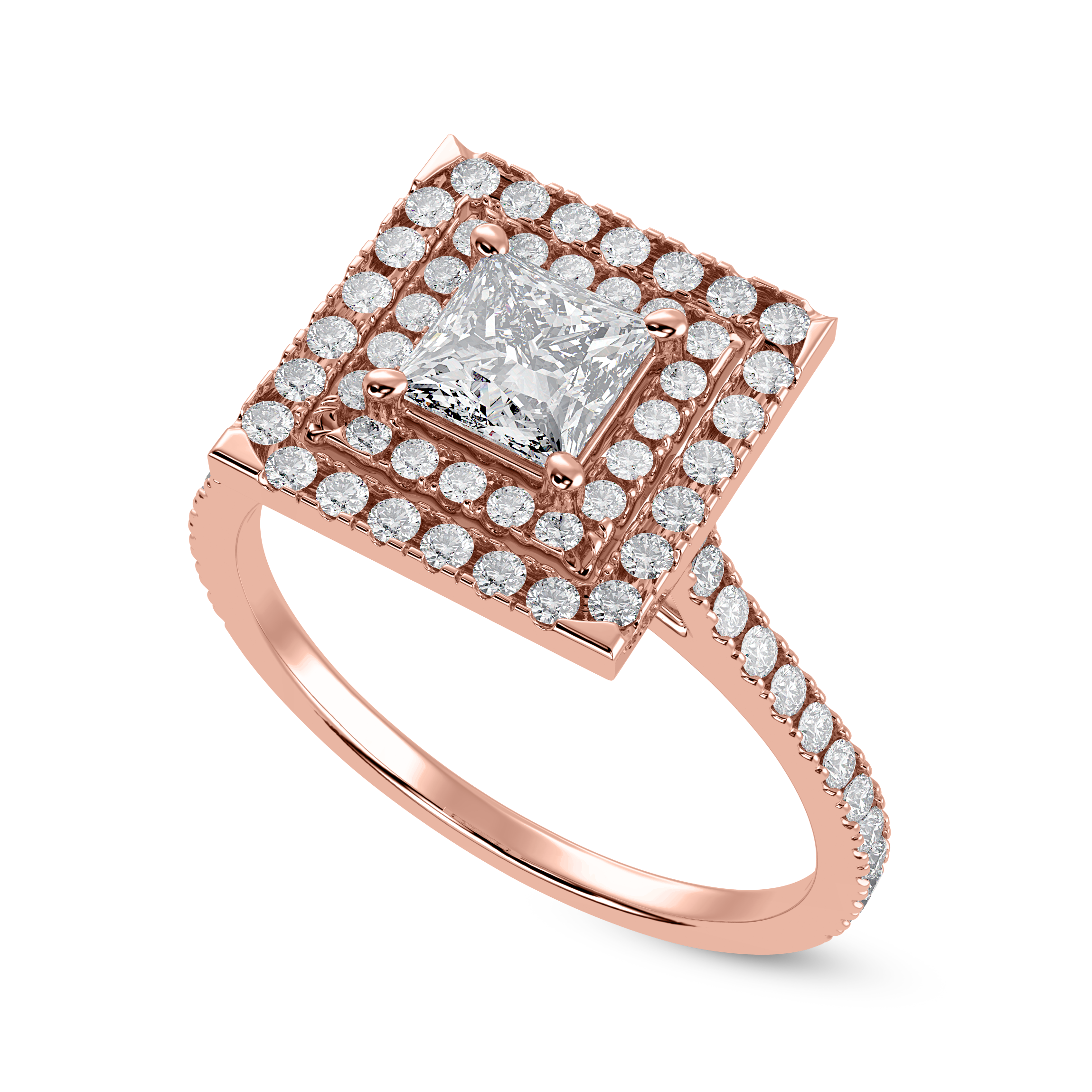 30-Pointer Princess Cut Solitaire Double Halo Diamond Shank 18K Rose Gold Ring JL AU 1301R   Jewelove.US