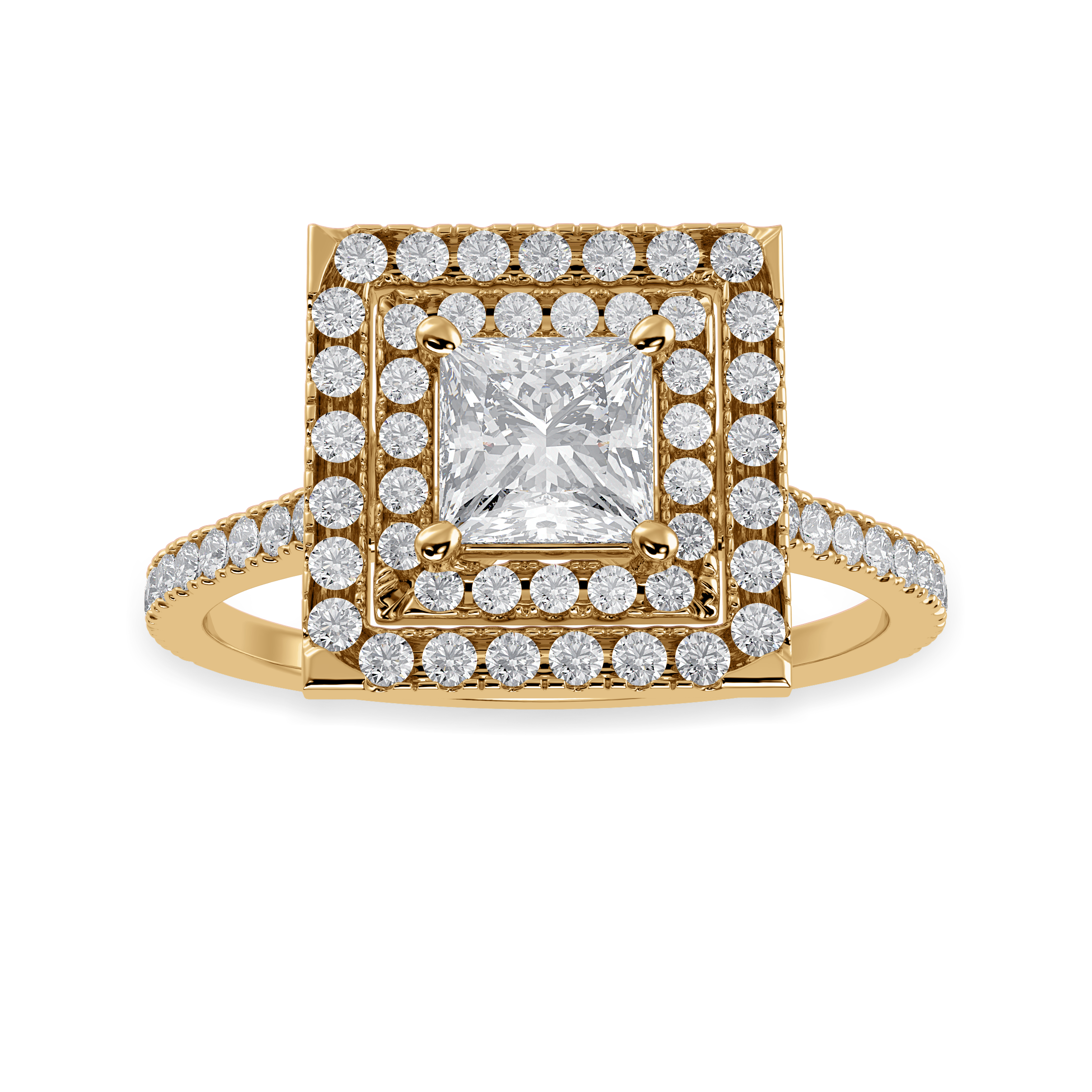 30-Pointer Princess Cut Solitaire Double Halo Diamond Shank 18K Yellow Gold Ring JL AU 1301Y   Jewelove.US