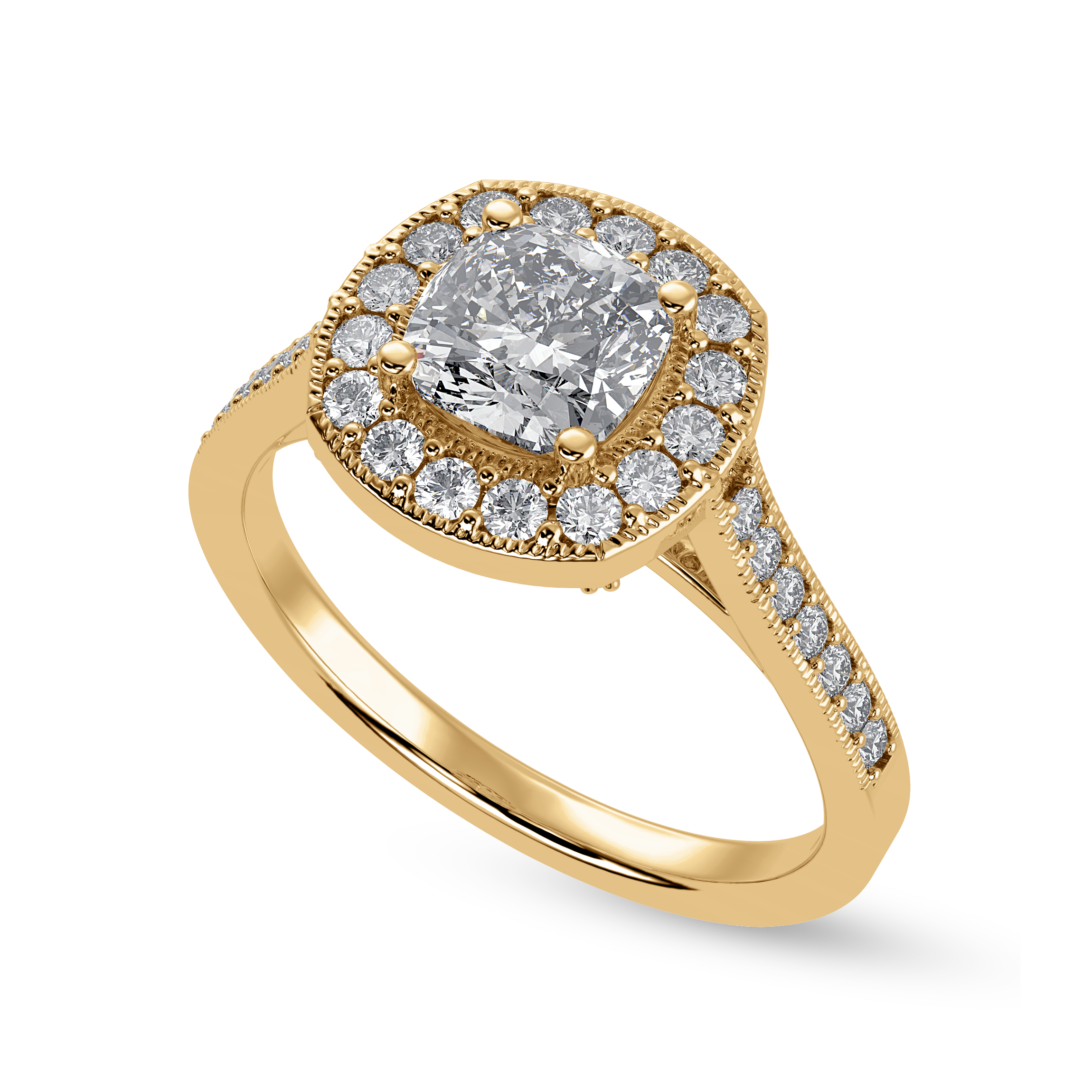 30-Pointer Cushion Cut Solitaire Halo Diamond Shank 18K Yellow Gold Ring JL AU 1303Y   Jewelove.US