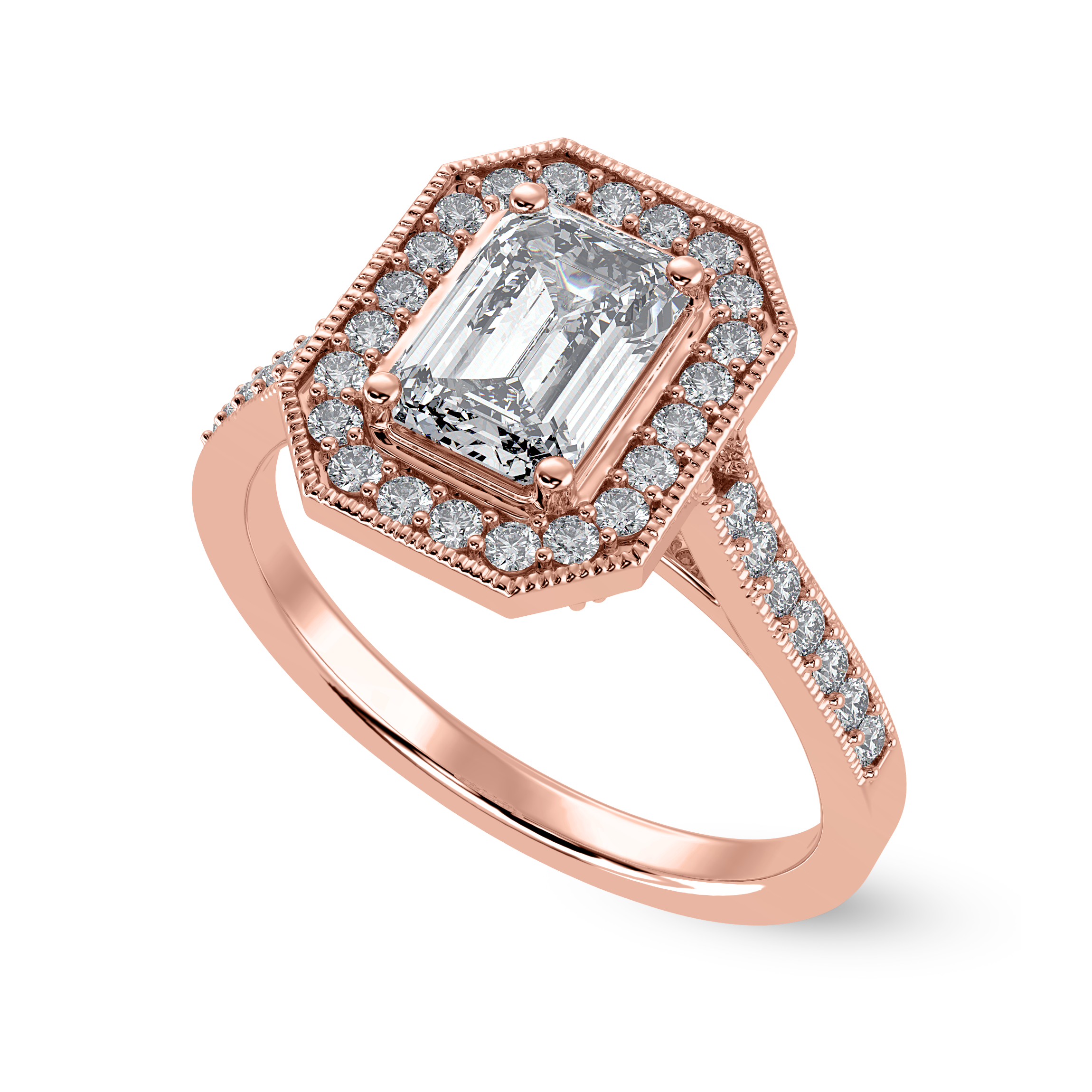 30-Pointer Emerald Cut Solitaire Halo Diamond Shank 18K Rose Gold Ring JL AU 1304R   Jewelove.US