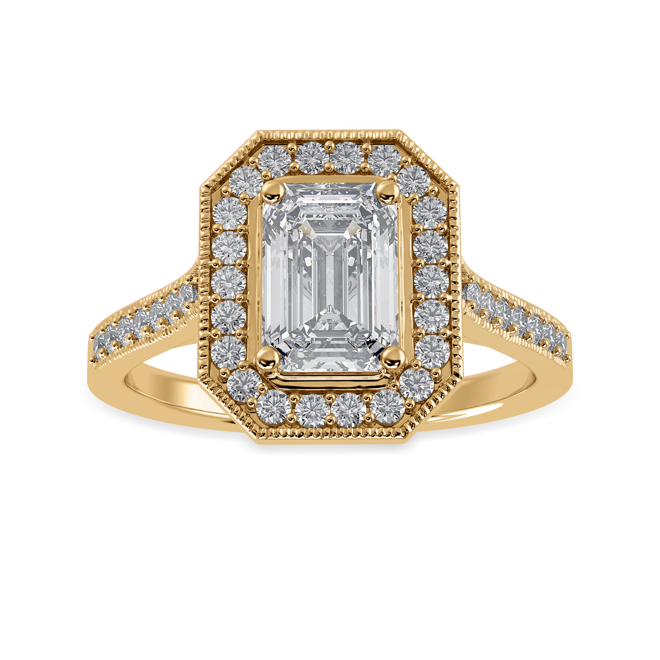 30-Pointer Emerald Cut Solitaire Halo Diamond Shank 18K Yellow Gold Ring JL AU 1304Y   Jewelove.US