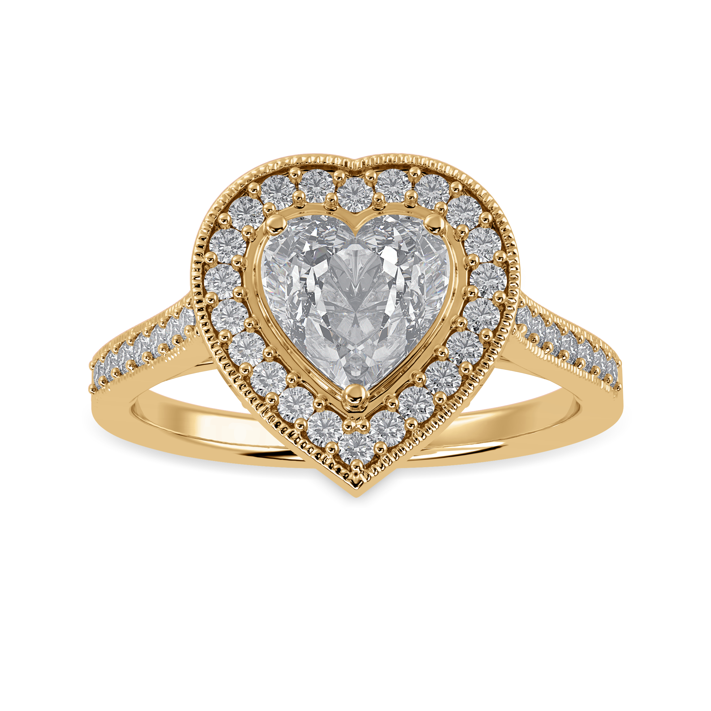 30-Pointer Heart Cut Solitaire Halo Diamond Shank 18K Yellow Gold Ring JL AU 1305Y   Jewelove.US