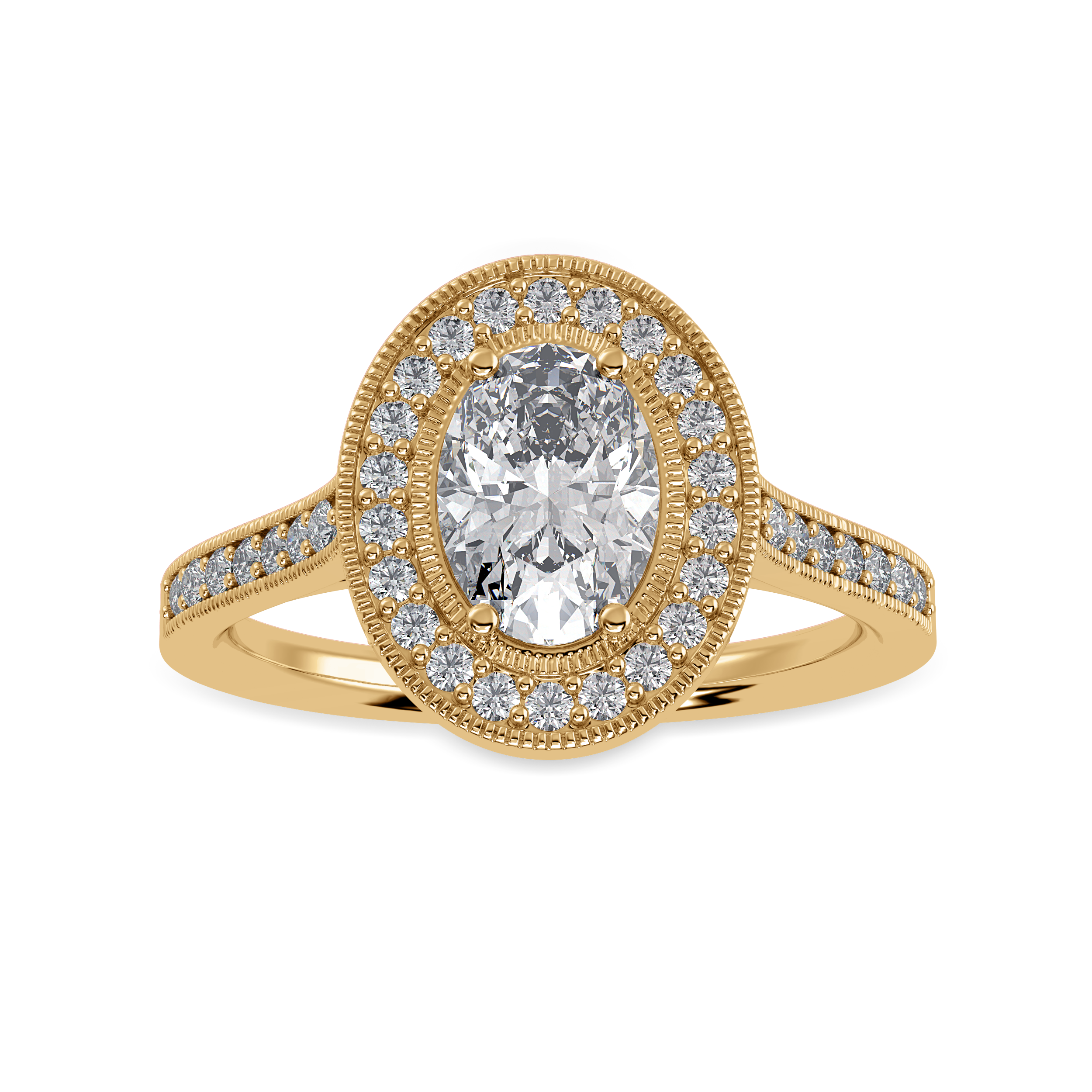 50-Pointer Oval Cut Solitaire Halo Diamond Shank 18K Yellow Gold Ring JL AU 1325Y-A   Jewelove.US