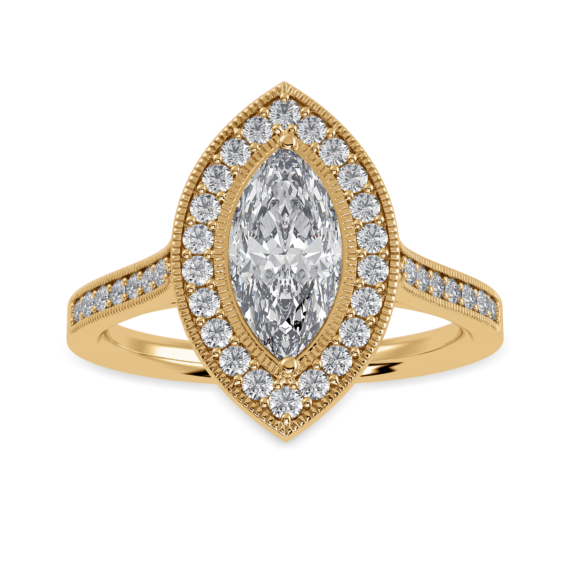 30-Pointer Marquise Cut Solitaire Halo Diamond Shank 18K Yellow Gold Ring JL AU 1326Y   Jewelove.US