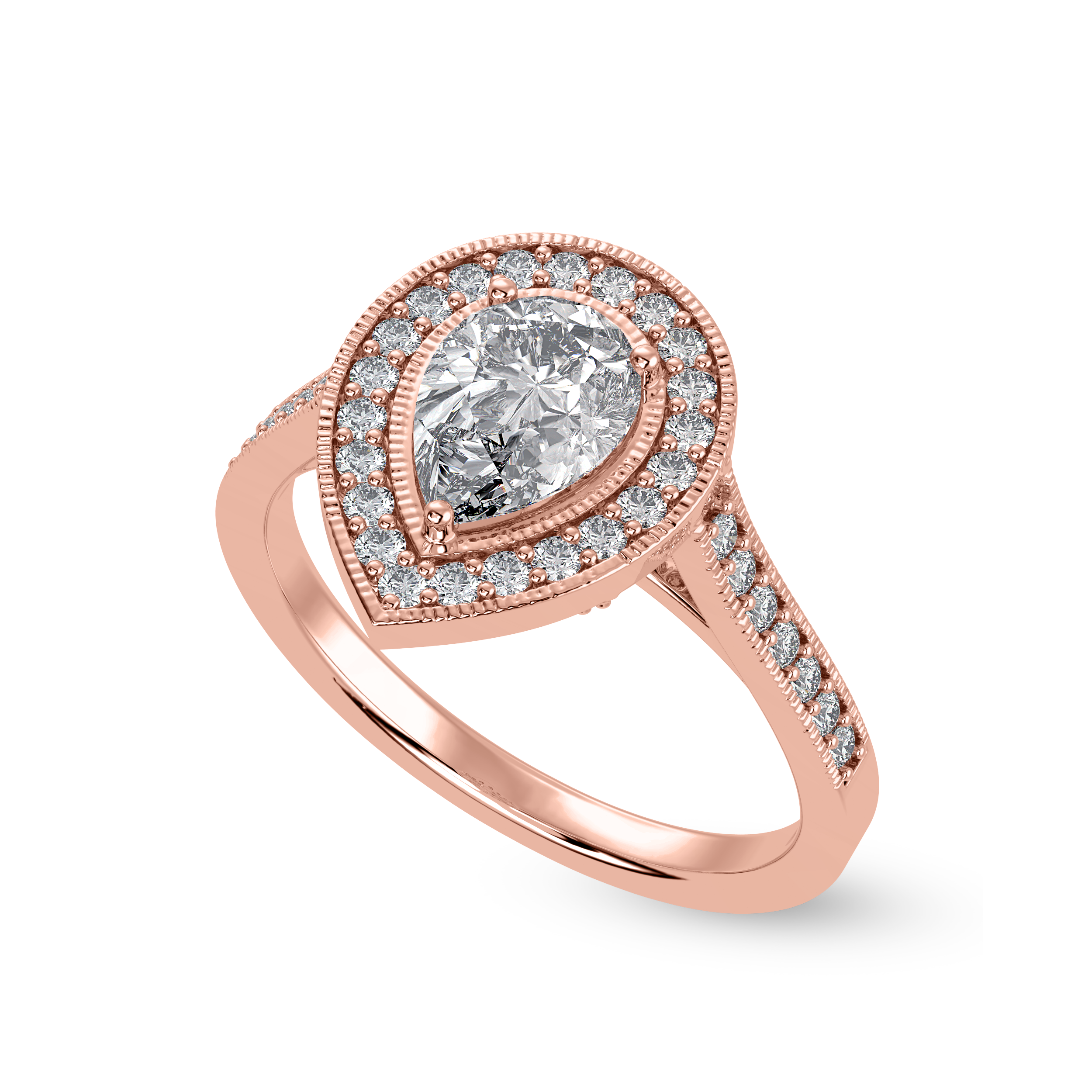 30-Pointer Pear Cut Solitaire Halo Diamond Shank 18K Rose Gold Ring JL AU 1327R   Jewelove.US