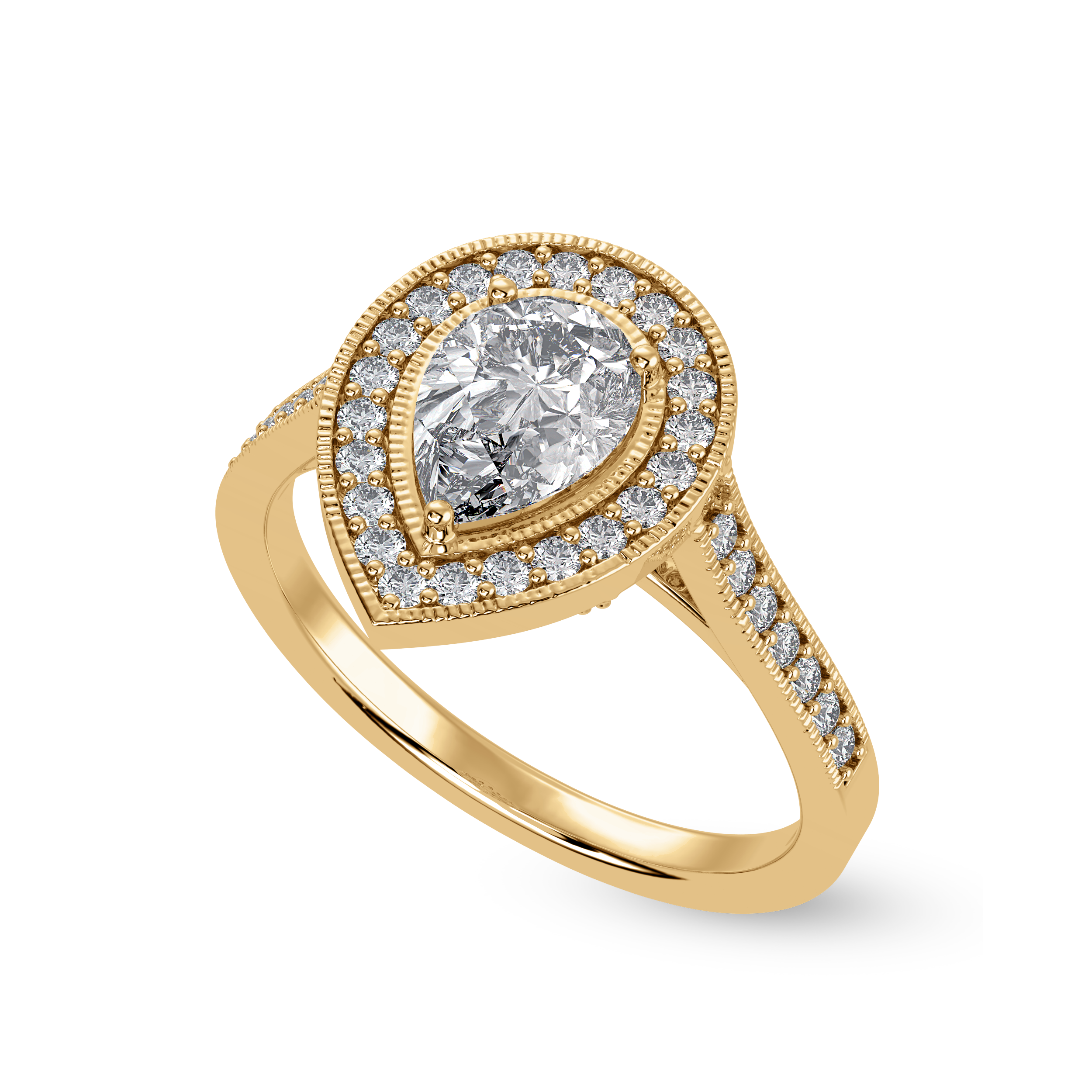 30-Pointer Pear Cut Solitaire Halo Diamond Shank 18K Yellow Gold Ring JL AU 1327Y   Jewelove.US