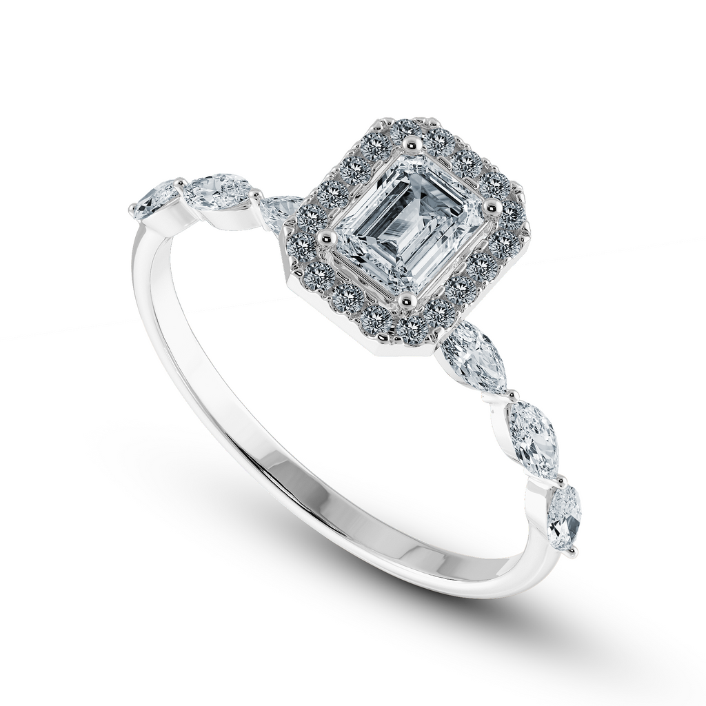 50-Pointer Emerald Cut Solitaire Halo Diamonds with Marquise Cut Diamonds Platinum Ring JL PT 1272-A   Jewelove.US