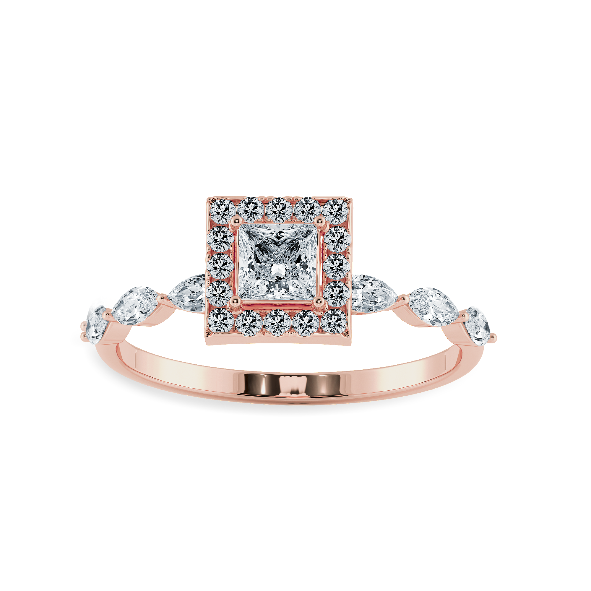 70-Pointer Princess Cut Solitaire Halo Diamond with Marquise Cut Diamond Accents 18K Rose Gold Ring JL AU 1277R-B   Jewelove.US