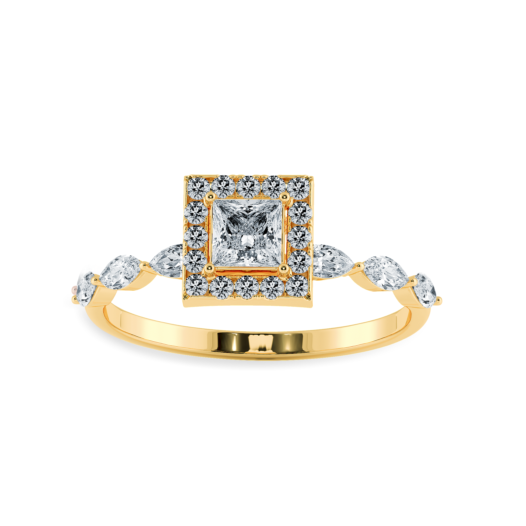 30-Pointer Princess Cut Solitaire Halo Diamond with Marquise Cut Diamond Accents 18K Yellow Gold Ring JL AU 1277Y   Jewelove.US