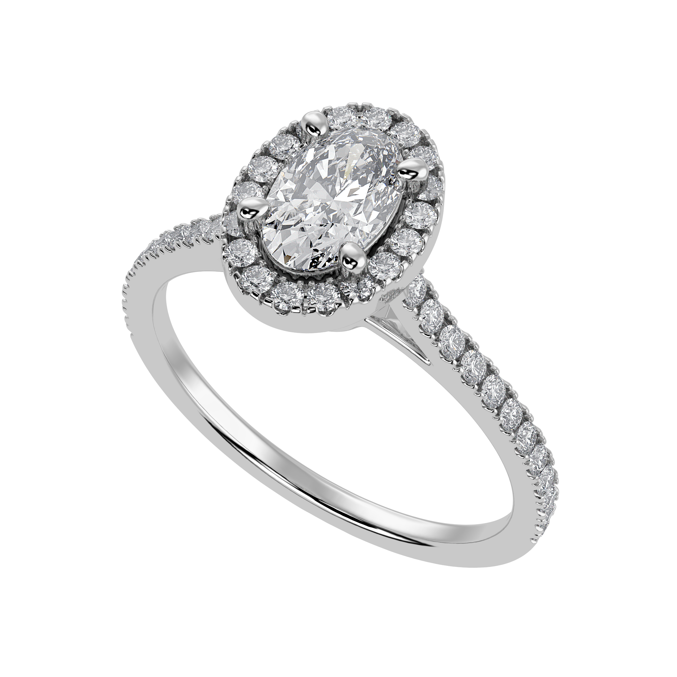 30-Pointer Oval Cut Solitaire Halo Diamond Shank Platinum Ring JL PT 1291   Jewelove.US