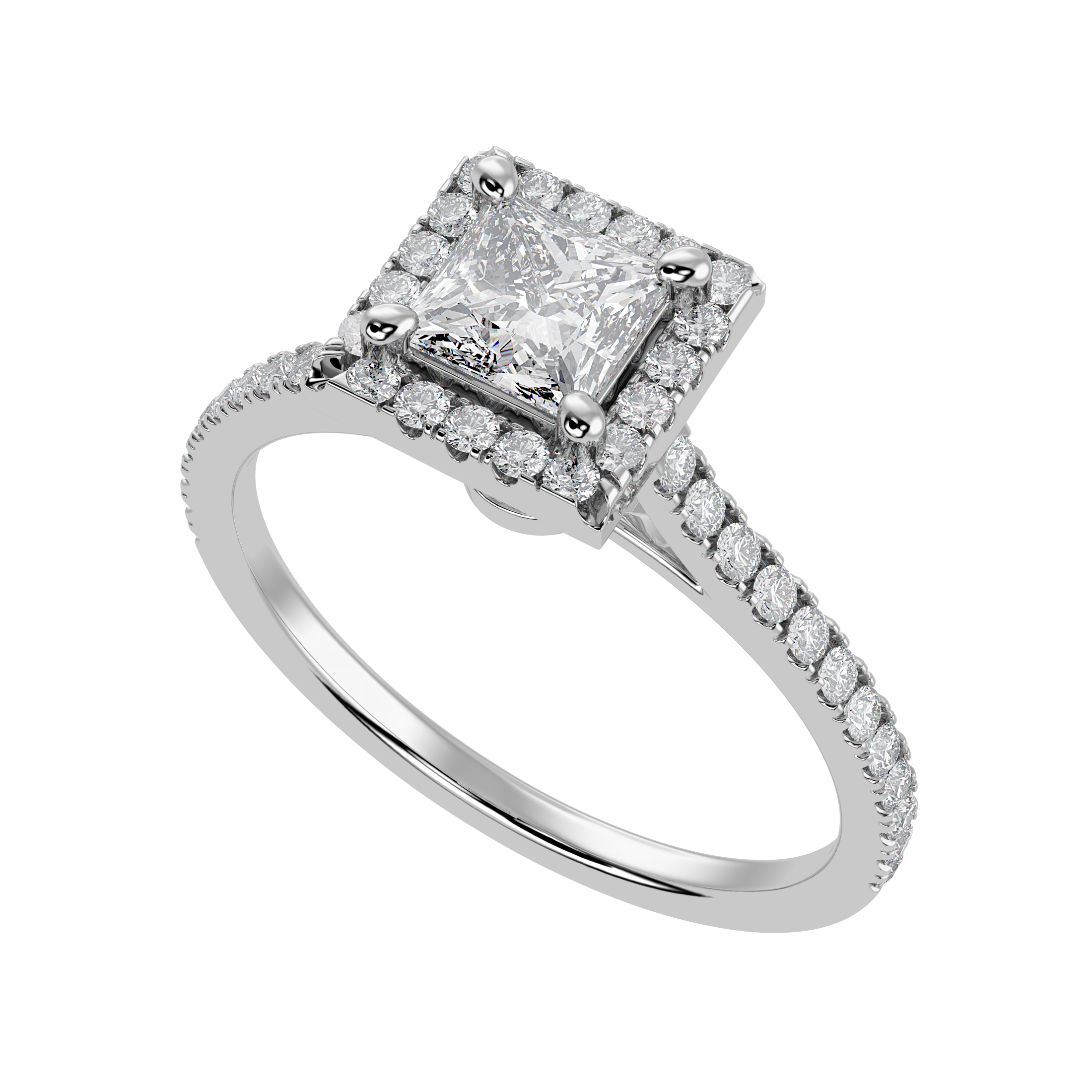 50-Pointer Princess Cut Solitaire Halo Diamond Shank Platinum Ring JL PT 1293-A   Jewelove.US