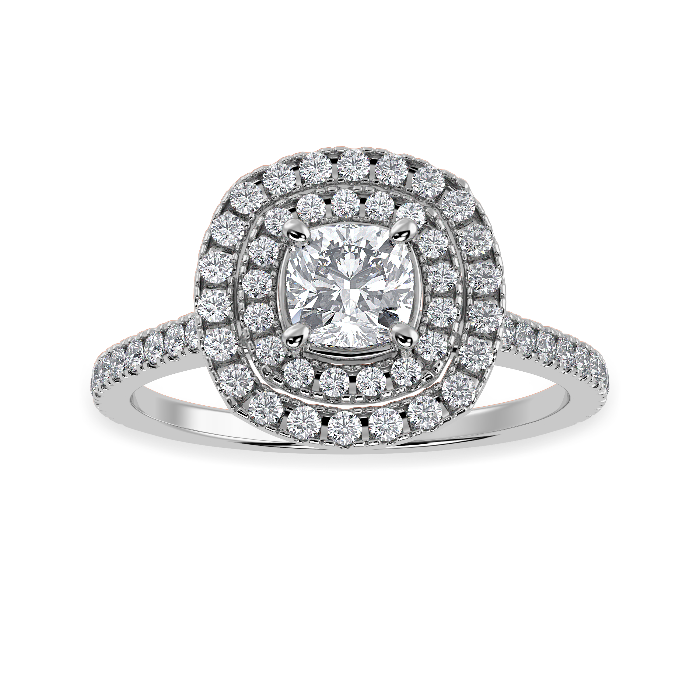 30-Pointer Cushion Cut Solitaire Double Halo Diamond Shank Platinum Ring JL PT 1295   Jewelove.US