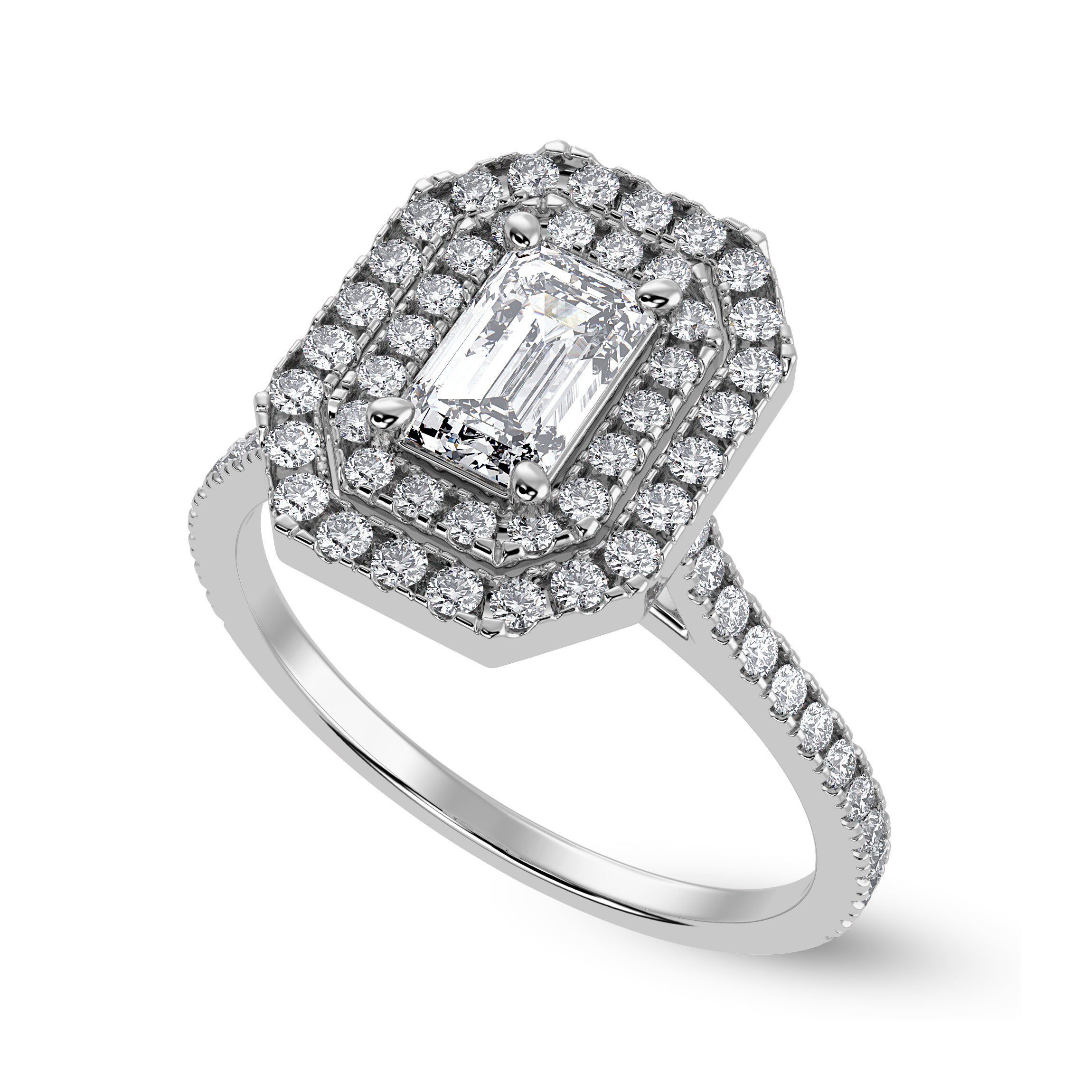 30-Pointer Emerald Cut Solitaire Double Halo Diamond Shank Platinum Ring JL PT 1296   Jewelove.US