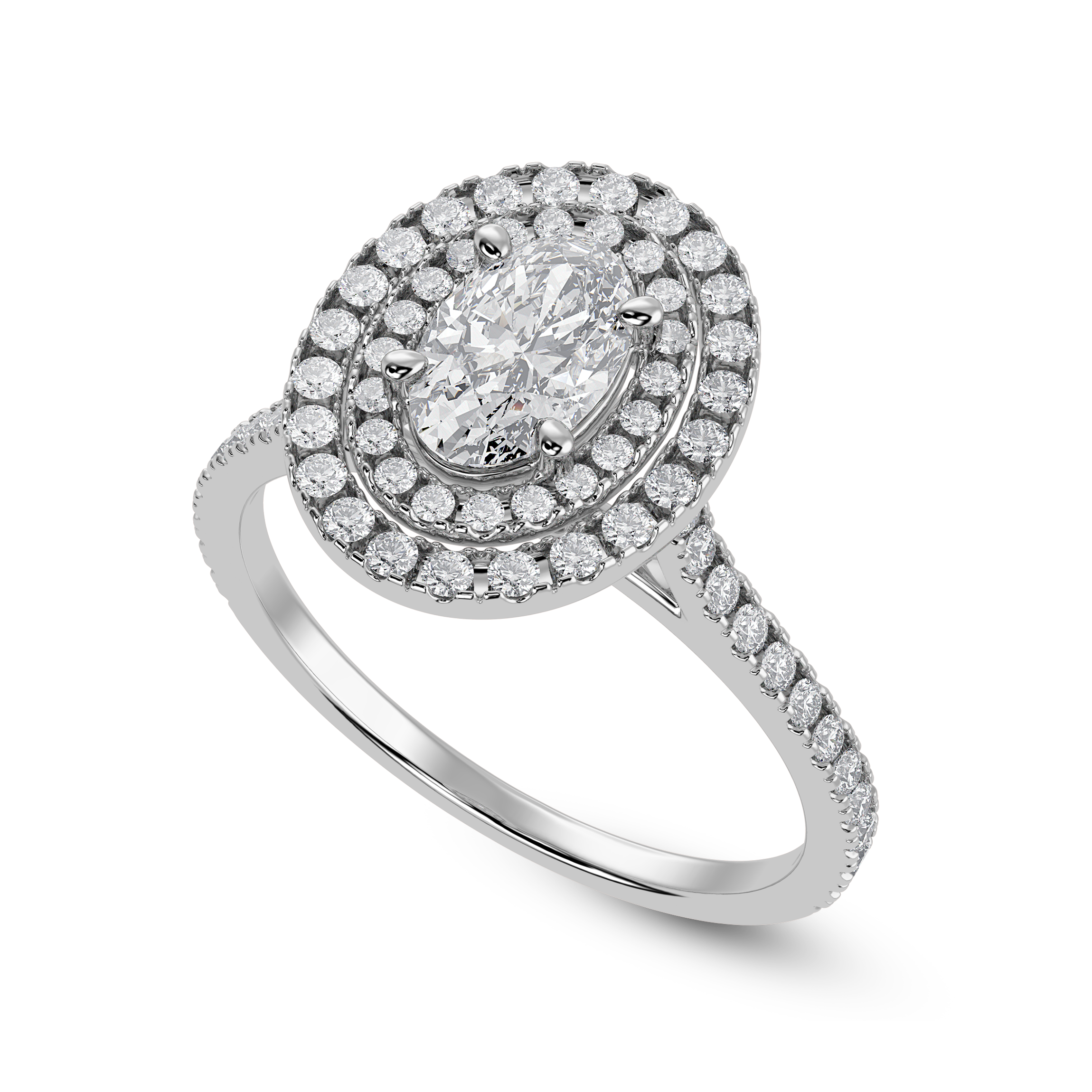 30-Pointer Oval Cut Solitaire Double Halo Diamond Shank Platinum Ring JL PT 1299   Jewelove.US