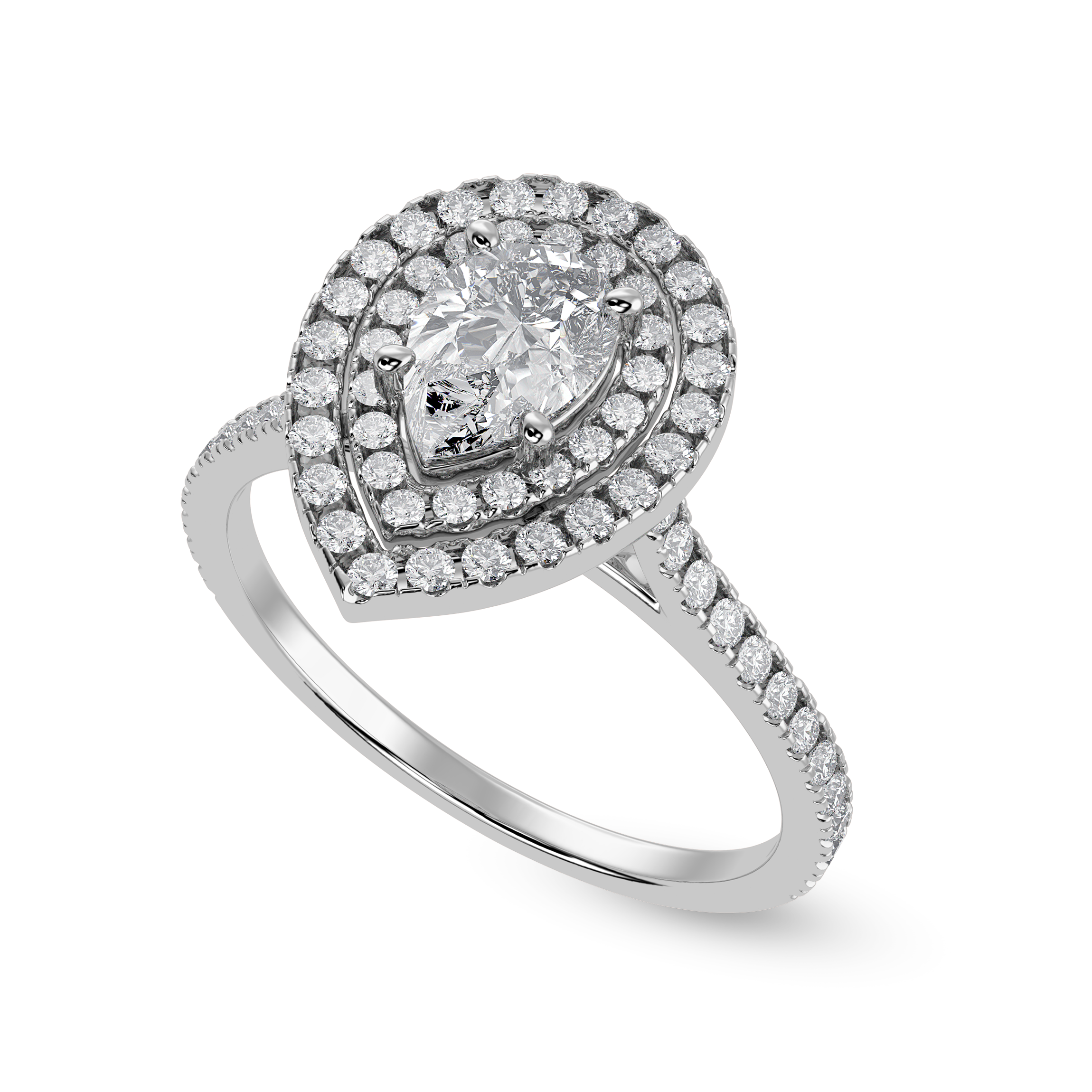 70-Pointer Pear Cut Solitaire Double Halo Diamond Shank Platinum Ring JL PT 1300-B   Jewelove.US