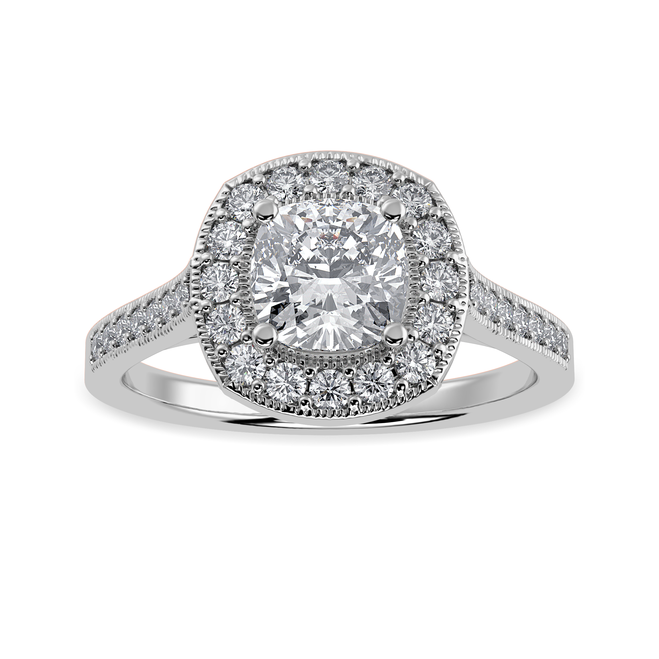 30-Pointer Cushion Cut Solitaire Halo Diamond Shank Platinum Ring JL PT 1303   Jewelove.US