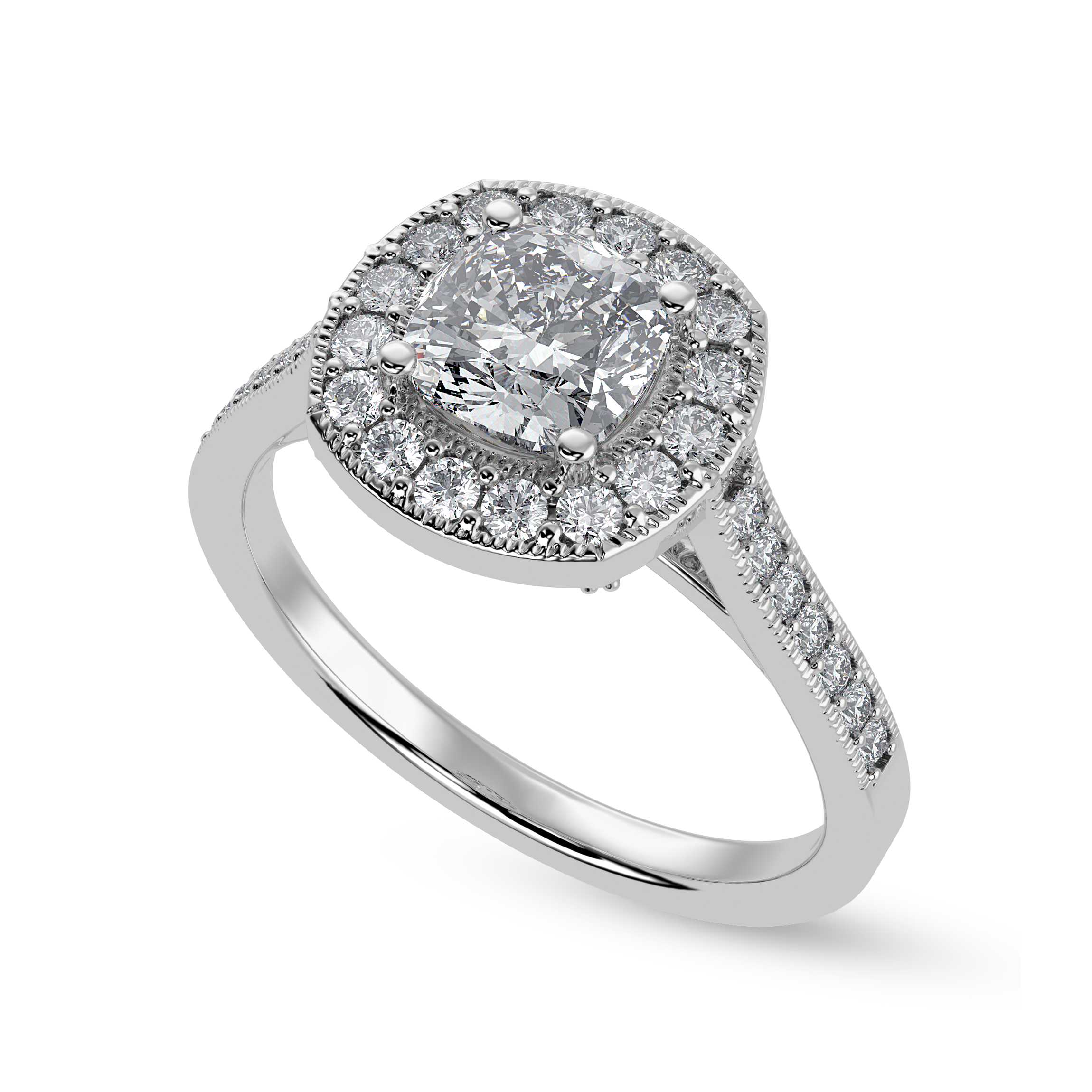 30-Pointer Cushion Cut Solitaire Halo Diamond Shank Platinum Ring JL PT 1303   Jewelove.US