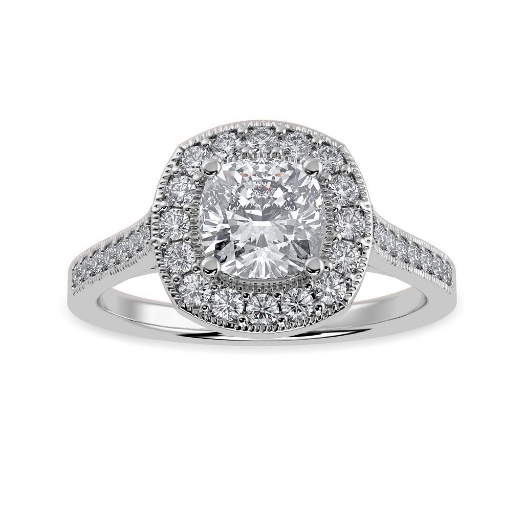 70-Pointer Cushion Cut Solitaire Halo Diamond Shank Platinum Engagement Ring JL PT 1303-B   Jewelove.US