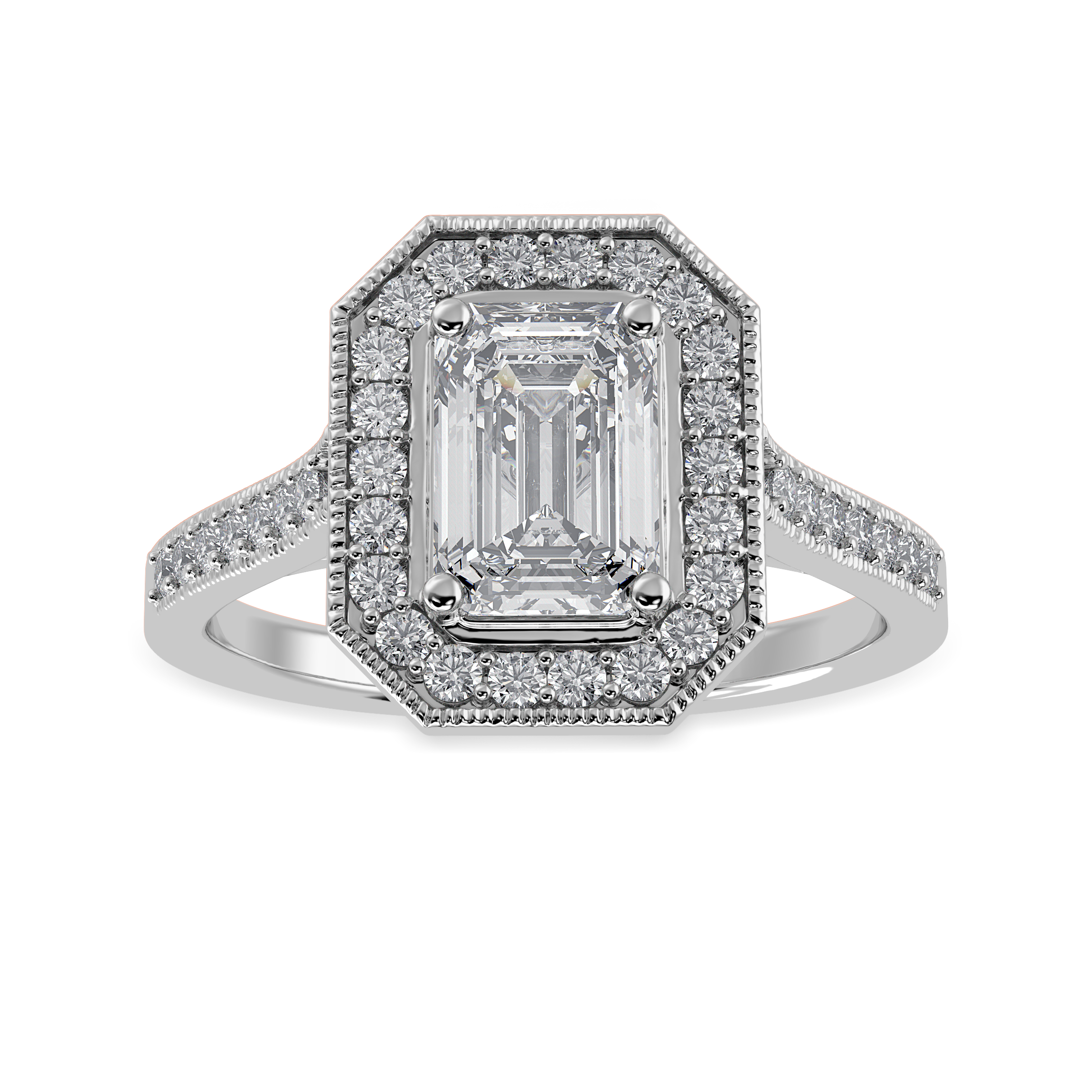 30-Pointer Emerald Cut Solitaire Halo Diamond Shank Platinum Ring JL PT 1304   Jewelove.US