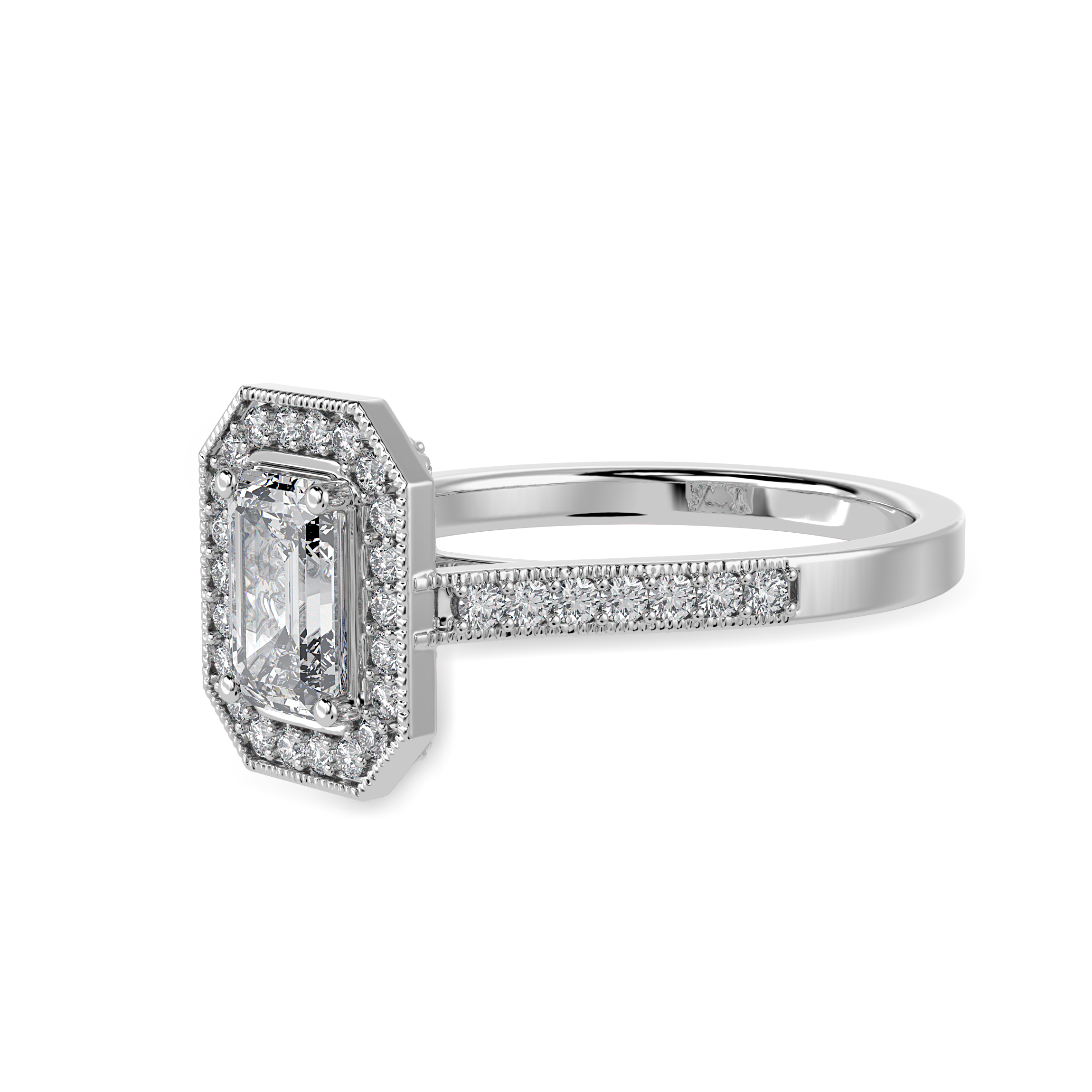 30-Pointer Emerald Cut Solitaire Halo Diamond Shank Platinum Ring JL PT 1304   Jewelove.US