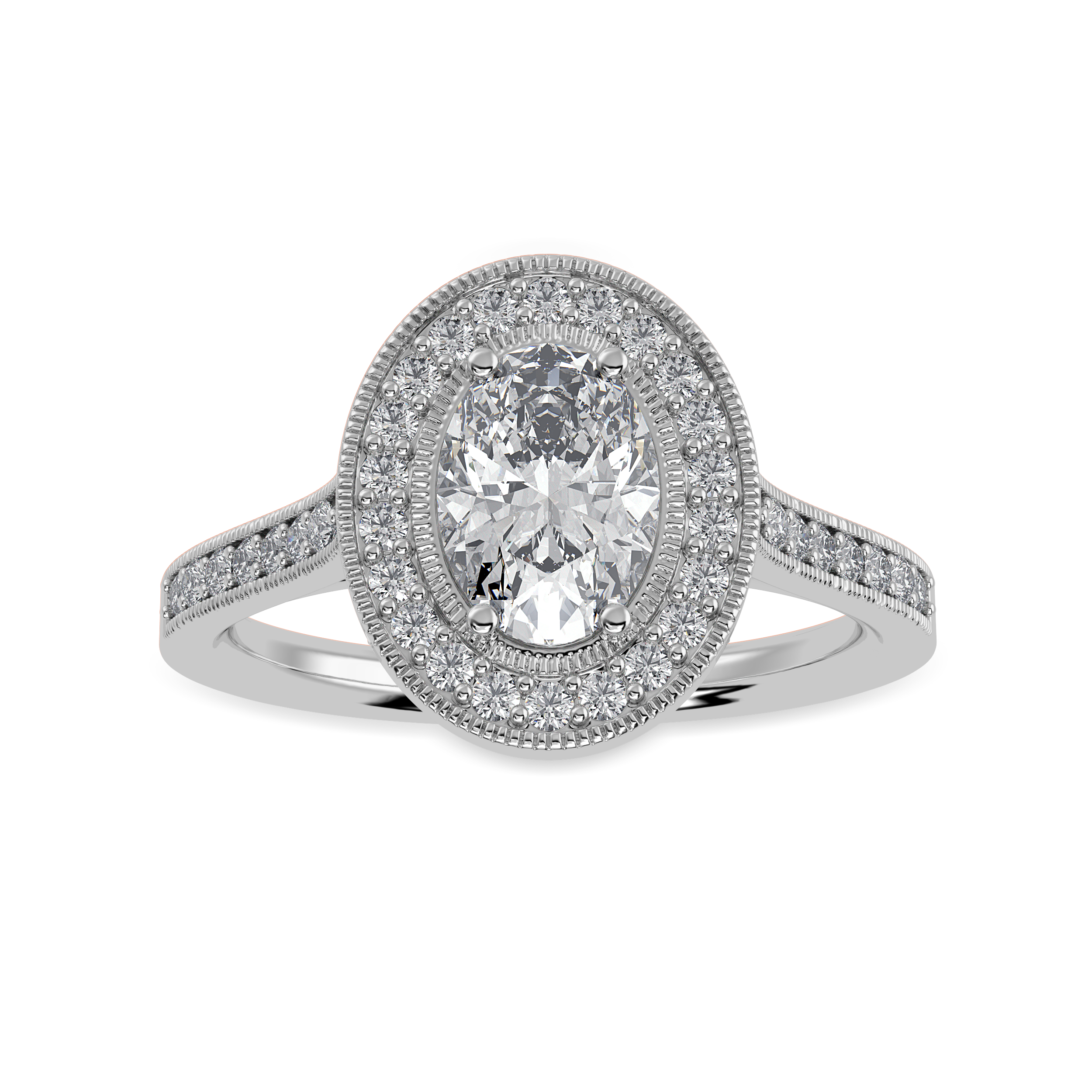 30-Pointer Oval Cut Solitaire Halo Diamond Shank Platinum Ring JL PT 1325   Jewelove.US